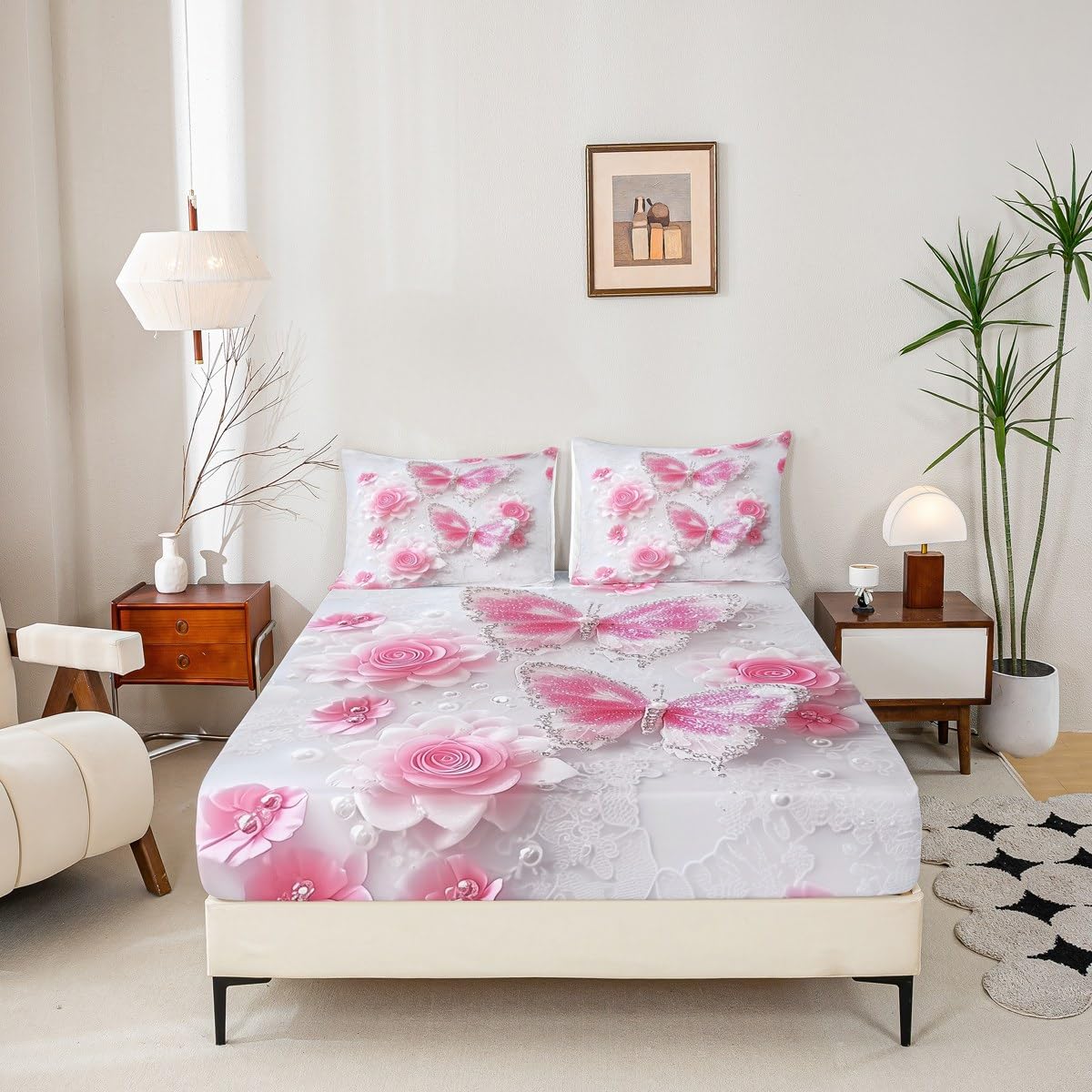 jejeloiu Kids Butterfly Fitted Sheet Twin Size for Kids Boys Girls Butterflies Print Bed Sheets Set 16" Deep Pocket Soft Breathable Microfiber Rose Bedding with 1 Pillowcase Garden Flower Room Decor