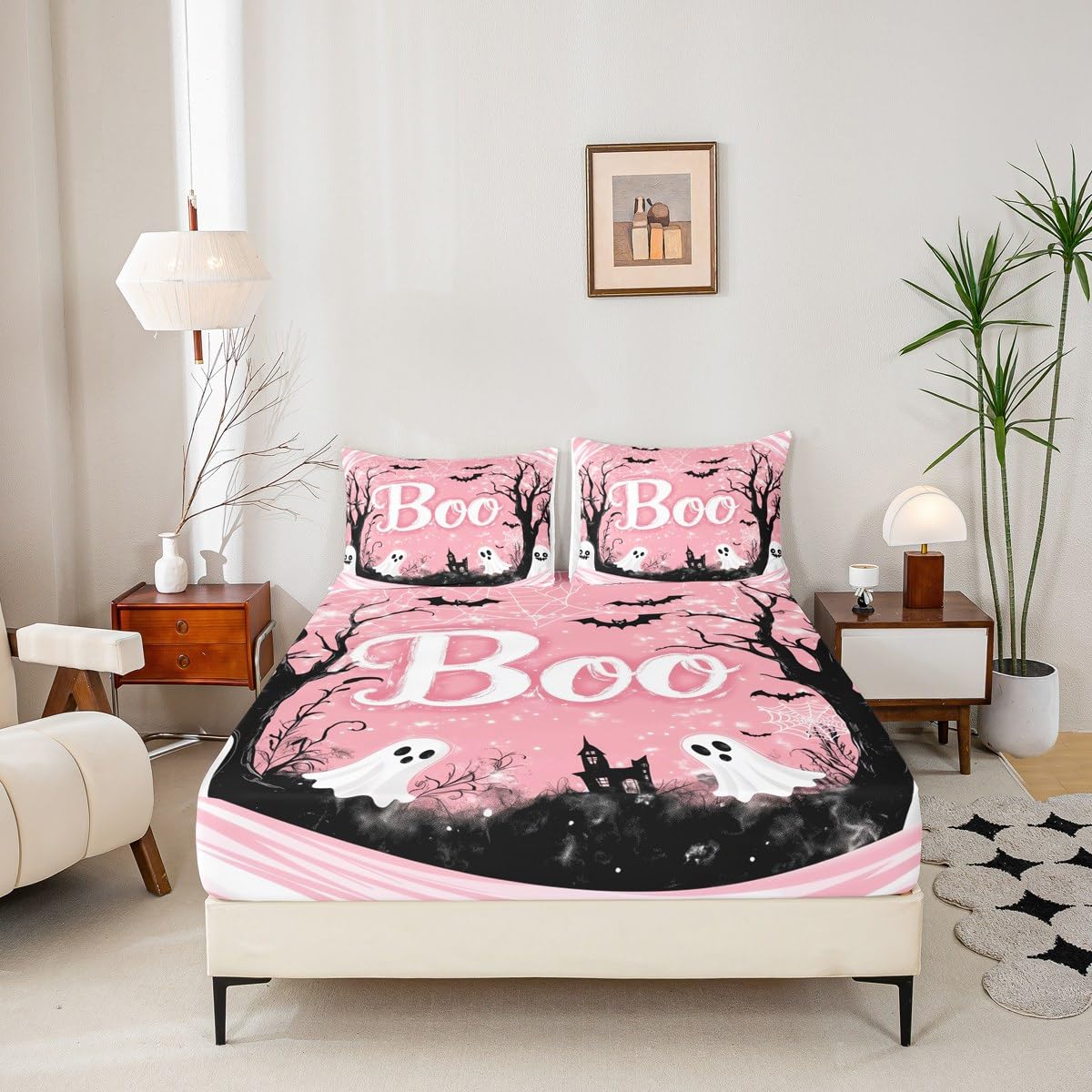 Feelyou Kids Halloween Fitted Sheet Full Size, Pink Ghost Bed Sheet Set Boys Girls Horror Decor Bedding Set Boo Teens Bedroom Decor 3Pcs (No TOP Sheet)