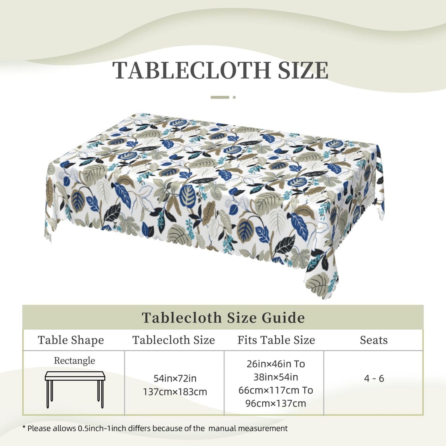 LORCARVIS Breeze Leaves Tablecloth Blue Flowers Polyester Rectangle Table Cloth Washable Seasonal Tabletop for Kitchen Dinning Party Outdoor Picnic 54 x 72 Inch Tablecloths