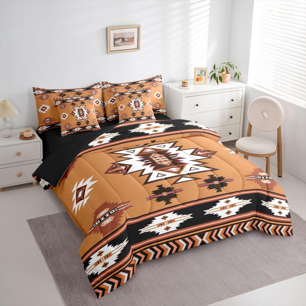 Erosebridal Western Twin Comforter Set with Sheets | Boho Decor Geometric 7 Piece Bedding Set Bohemian Aztec Bed in a Bag, Ethnic Tribal Arrow Room Decor,Brown