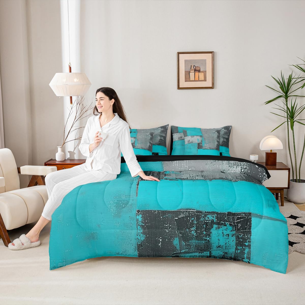 Feelyou Abstract Comforter Set with Sheets 7 Piece King Size Modern Abstract Art Bed in a Bag Kids Boys Girls Luxury Bedding Set Geometric Bedroom Decor Blue Gray Soft Lightweight Microfiber