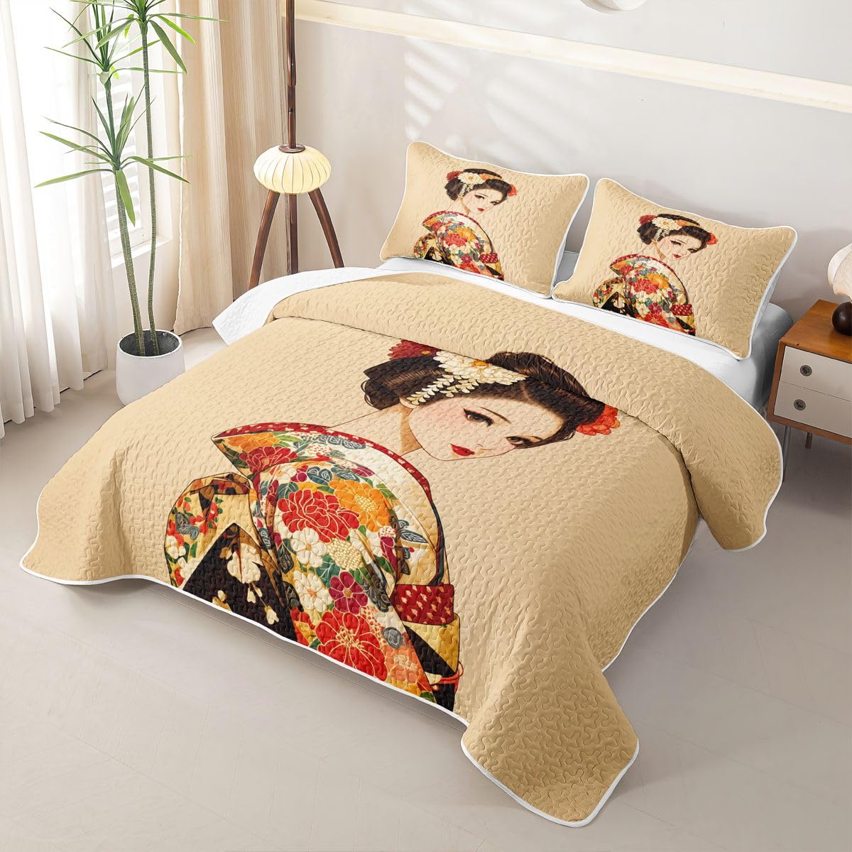Erosebridal Japan Geisha Quilt Twin Size - Japanese Girl Bedspread Traditional Japanese Bed Coverlet with 1 Pillowcase