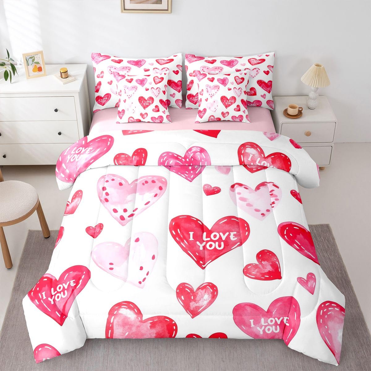 Erosebridal Princess Pink Love Comforter Sets with Sheets - Cute Heart Printed Bedding Set Full for Boys Girls Valentines Day Themed 7Pcs Bed in A Bag Romance Gifts Bed Set