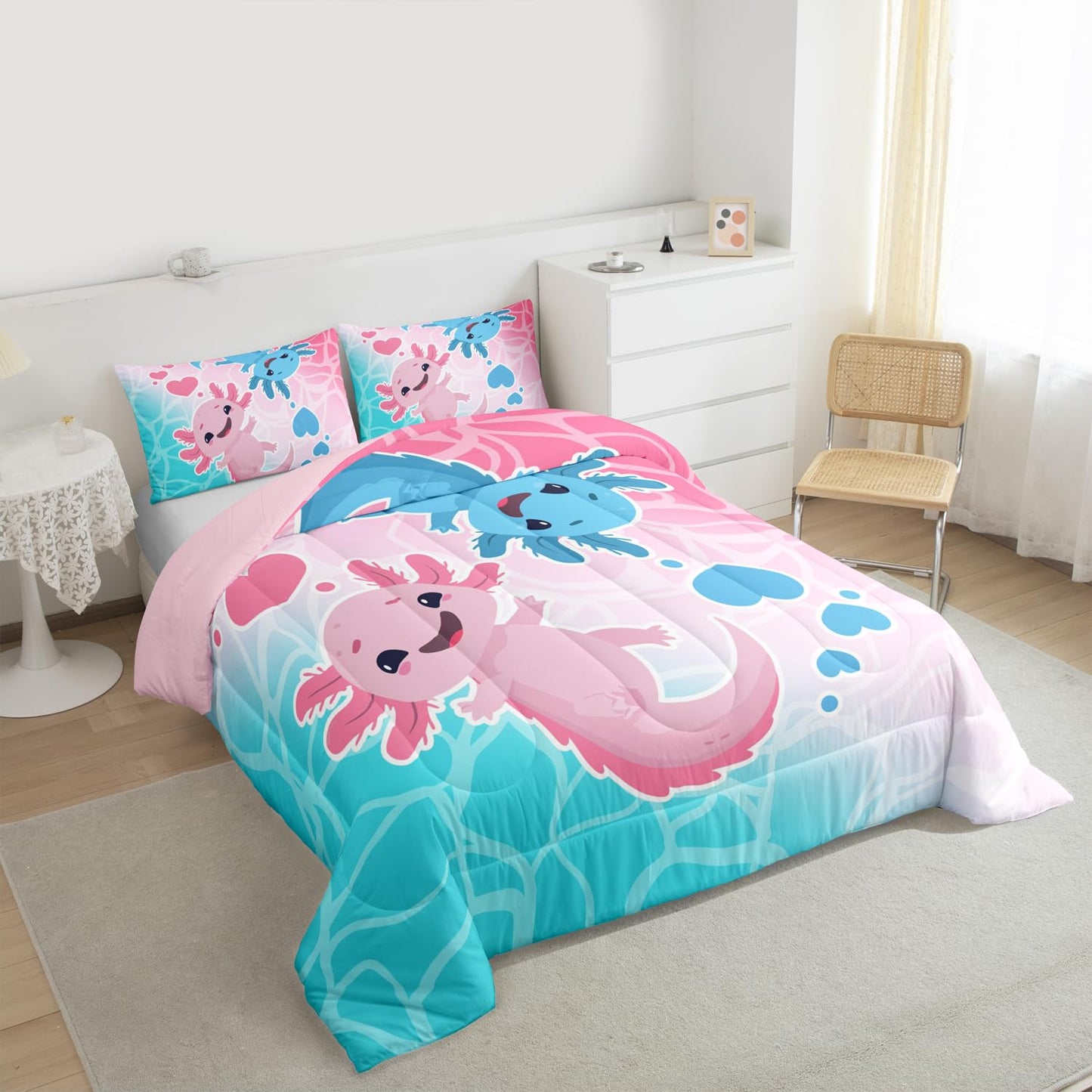 Axolotls Comforter Set Twin Size,Blue Pink Kids Bedding Set 2Pcs with 1 Pillowcase,Ocean Animals Theme Down Comforter Cartoon Lovely Salamander Quilted Duvet Insert for Girls Boys Bedroom Decor