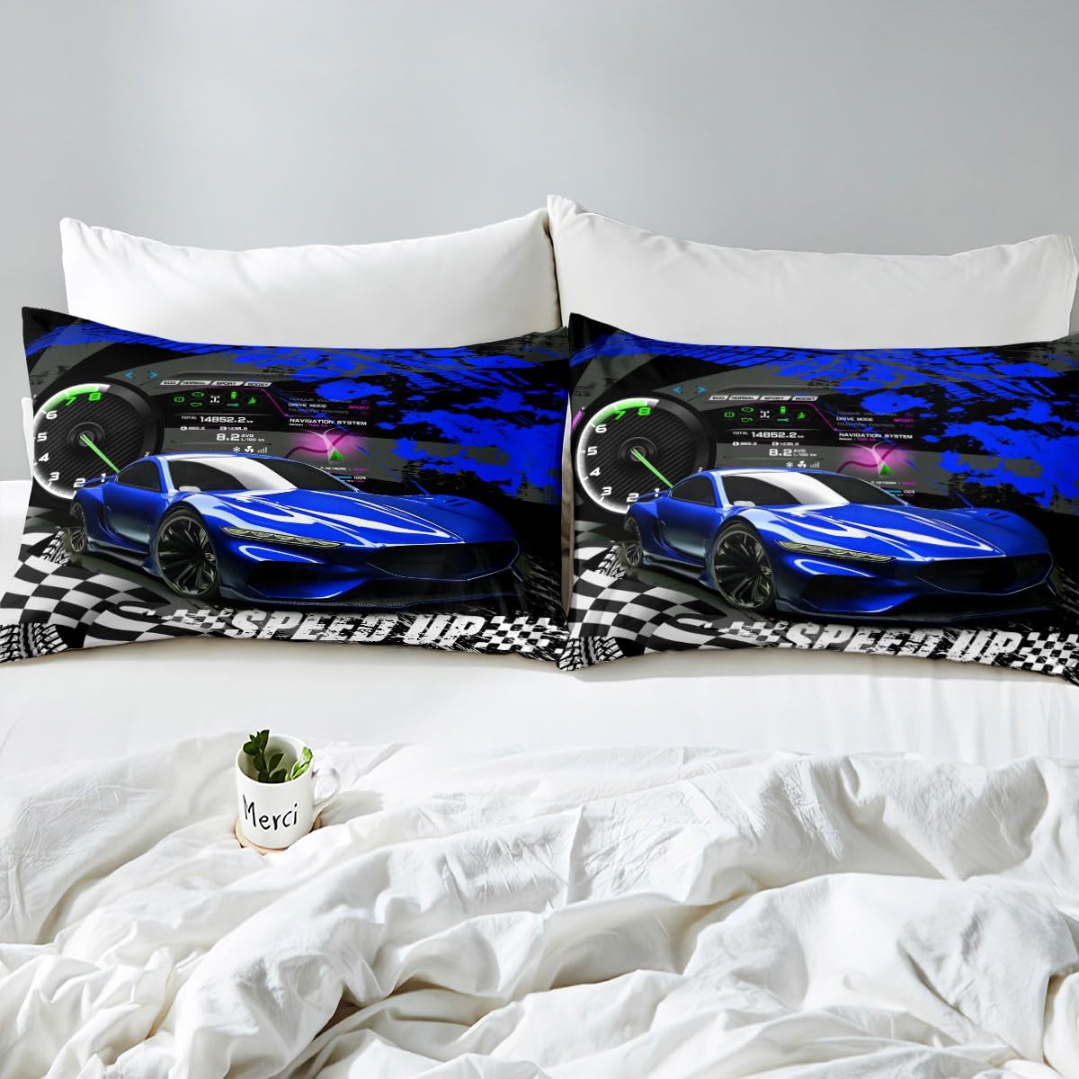 Feelyou Kids Boys & Girls Blue Race Car Bedding Set - Full Sports Car Bed Sheet Set - Buffalo Plaid Bed Cover & 2 Pillow Cases