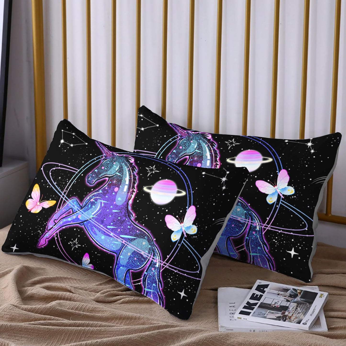 HOSIMA Unicorn Bedding Sets for Girls Kids,Butterfly Star Sky Galaxy Twin Fitted Sheet Unicorn Bedroom Decor,Black Lightweight Soft Easy Care Microfiber Bed Sheet Set with 15-inch Deep Pockets.