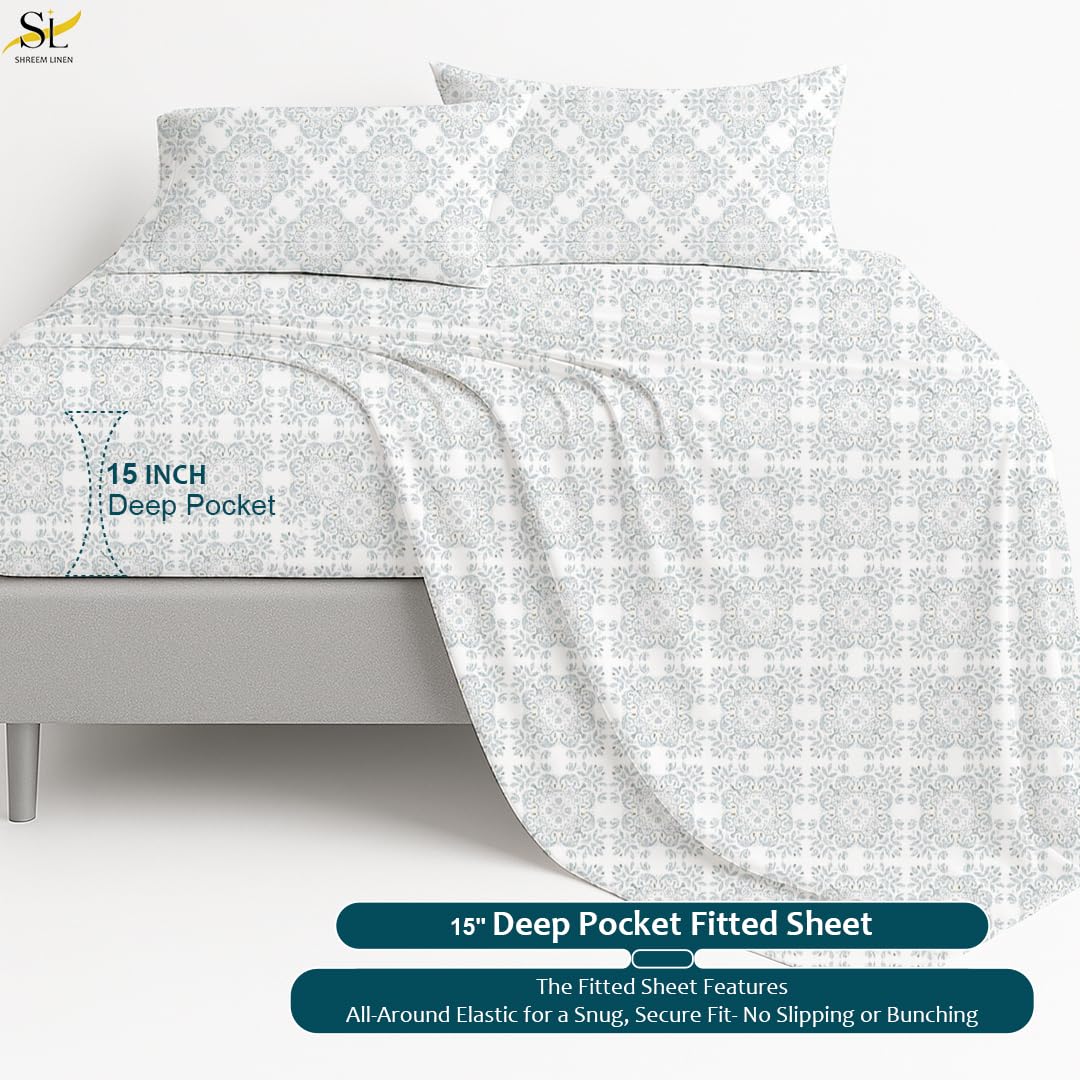 Shreem Linen Queen Sheet Set 4 Piece Bedding, Brushed Microfiber Soft Sheets for Queen Size Bed with Flat, Fitted Sheet, 2 Pillow Cases (Charm Paisley)