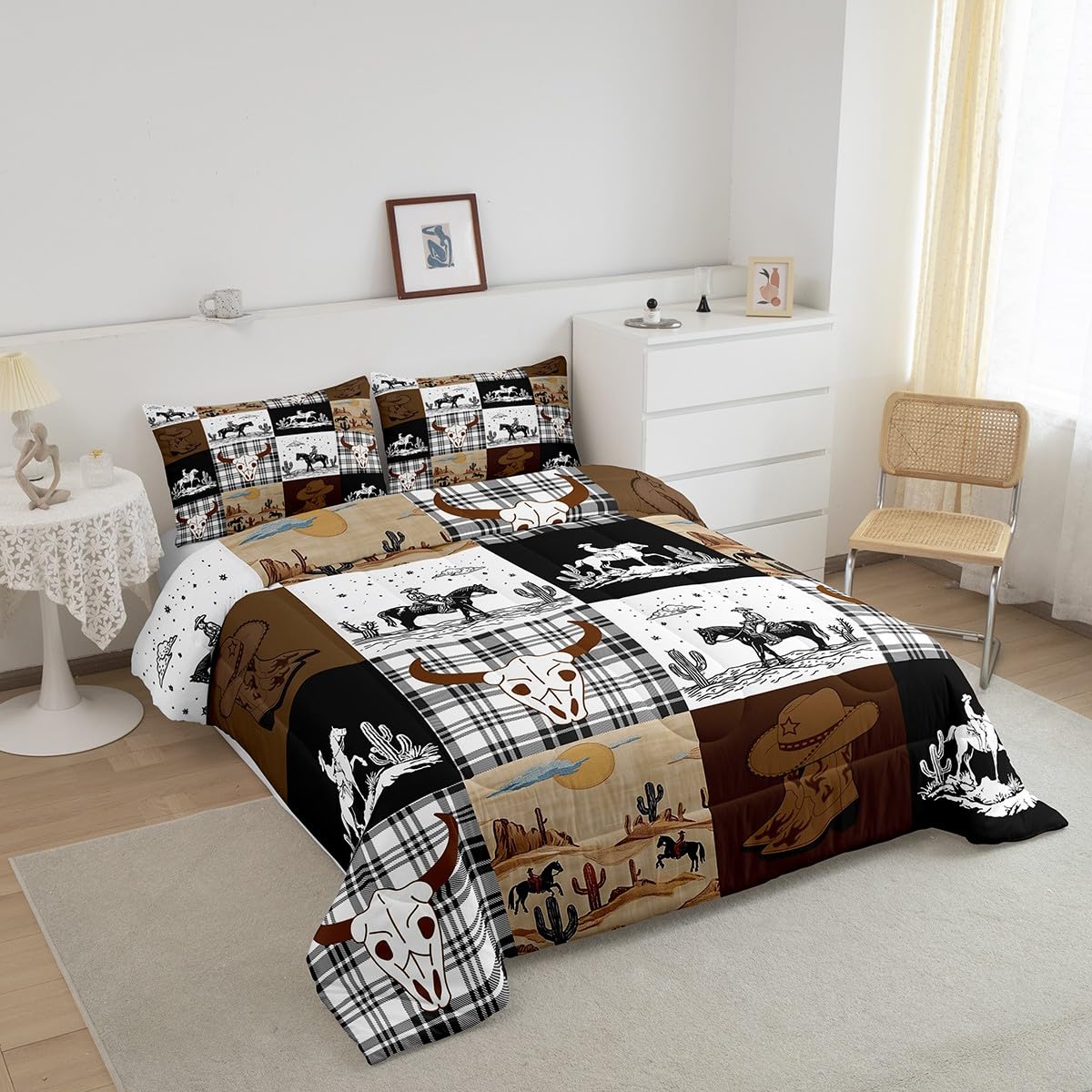 Erosebridal Boho Horse Skull Bull Bedding Set Twin, Western Cowboy Country Hunting Comforter Set, Exotic Wild Animal Plaid Check Adventure Comforter, Southwestern Rustic Farmhouse Quilt