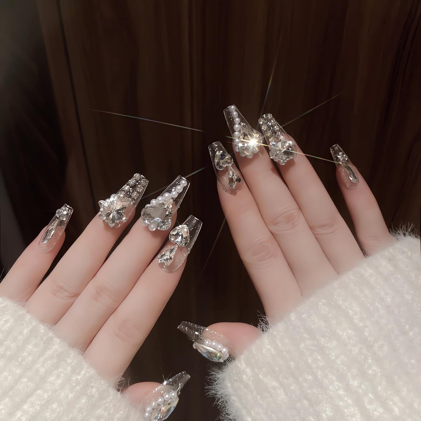 IMSOHOT Long Coffin Press on Nails Clear Heart Rhinestone Fake Nails with Designs White Glitter Luxury Ballerina False Nails Glossy Full Cover Acrylic Glue on Nails for Women 24Pcs