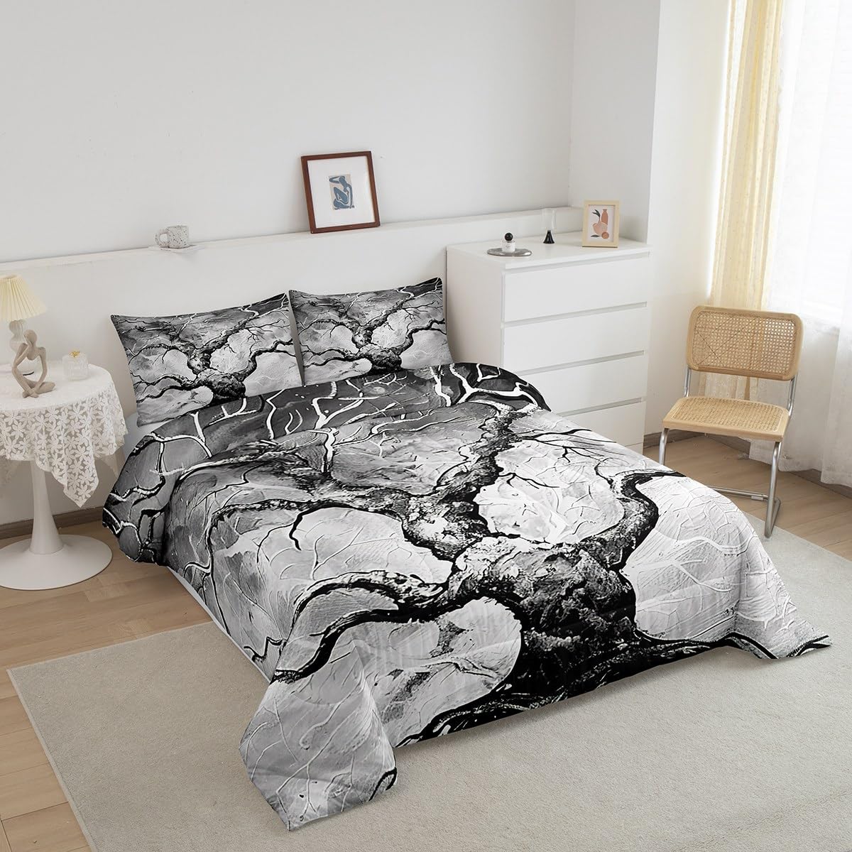 Manfei Tree Branch Comforter Set,Grey Tree Bedding Set Kids Teens Modern Decor,Modern Artwork Geometric Comforter with 1 Pillowcase for All Seasons,Twin