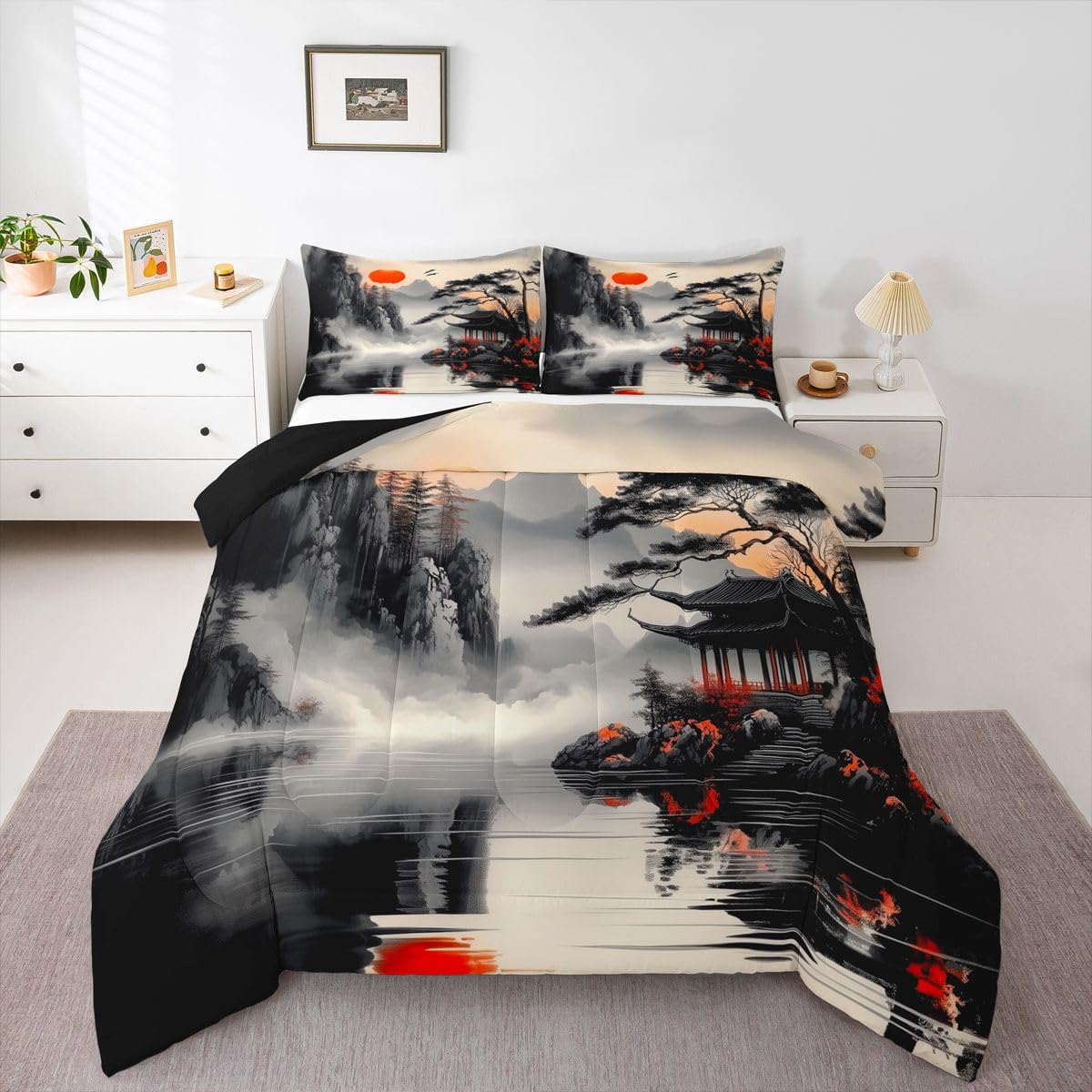 jejeloiu Chinese Ink Painting Comforter Set Queen Size Japanese Style Bedding Set for Kids Boys Girls Red Sun Mountain Duvet Quilt Bedroom Decor Microfiber 3 Pcs with 2 Pillow Cases