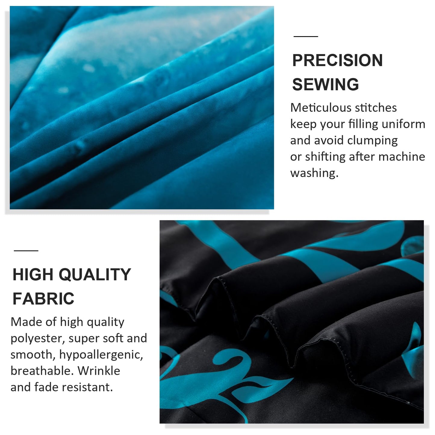 WONGS BEDDING Teal Blue Comforter Set Queen Reversible Teal Rose Pattern Printed Bedding Comforter Set with 2 Pillowcases, Soft Microfiber Filling Bedding Set 90"x90"