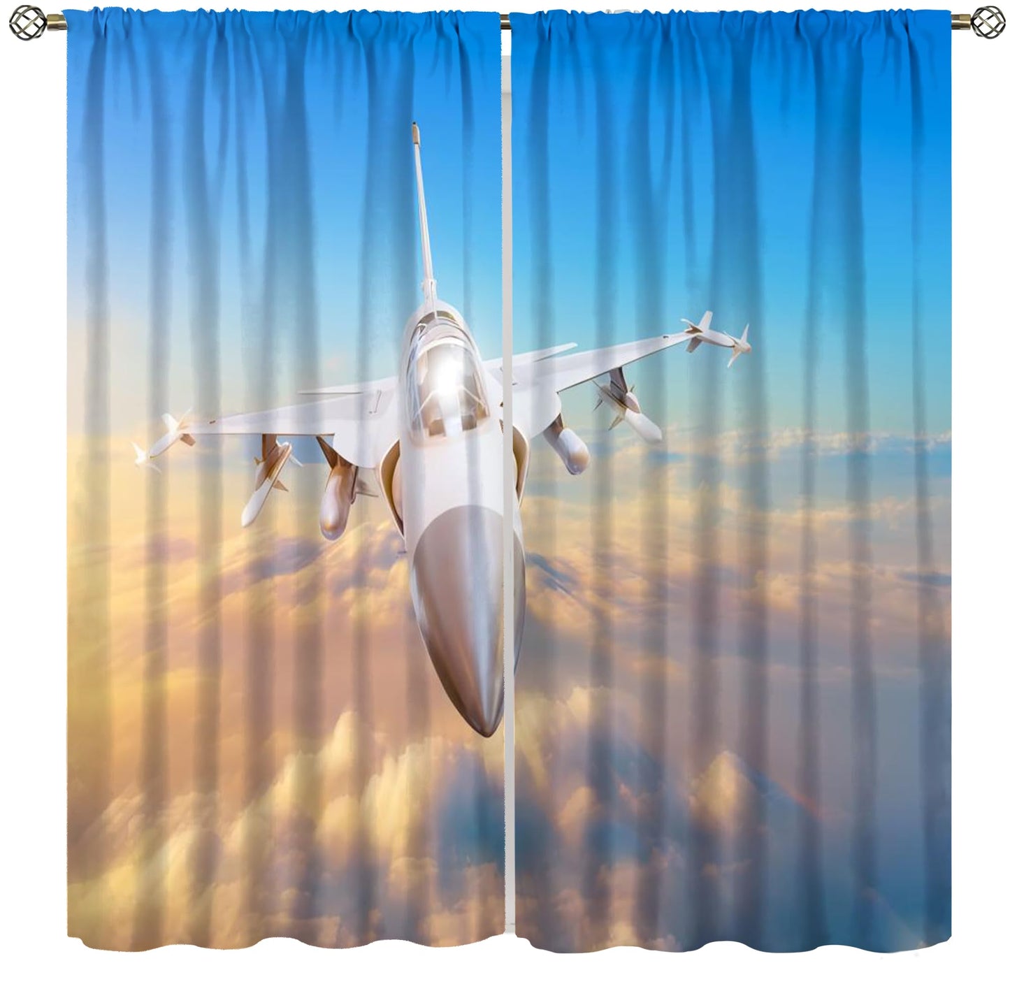 Airplane Curtains Old Military Combat Aircraft American Flag Picture Rod Pocket Window Treatments for Kids Boys Living Room Kitchen Bedroom 2 Panel Set 41" x 45" （No Blackout）
