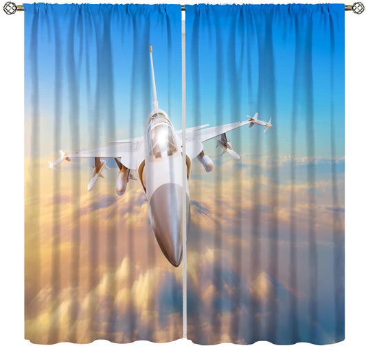 Airplane Curtains Old Military Combat Aircraft American Flag Picture Rod Pocket Window Treatments for Kids Boys Living Room Kitchen Bedroom 2 Panel Set 41" x 45" （No Blackout）