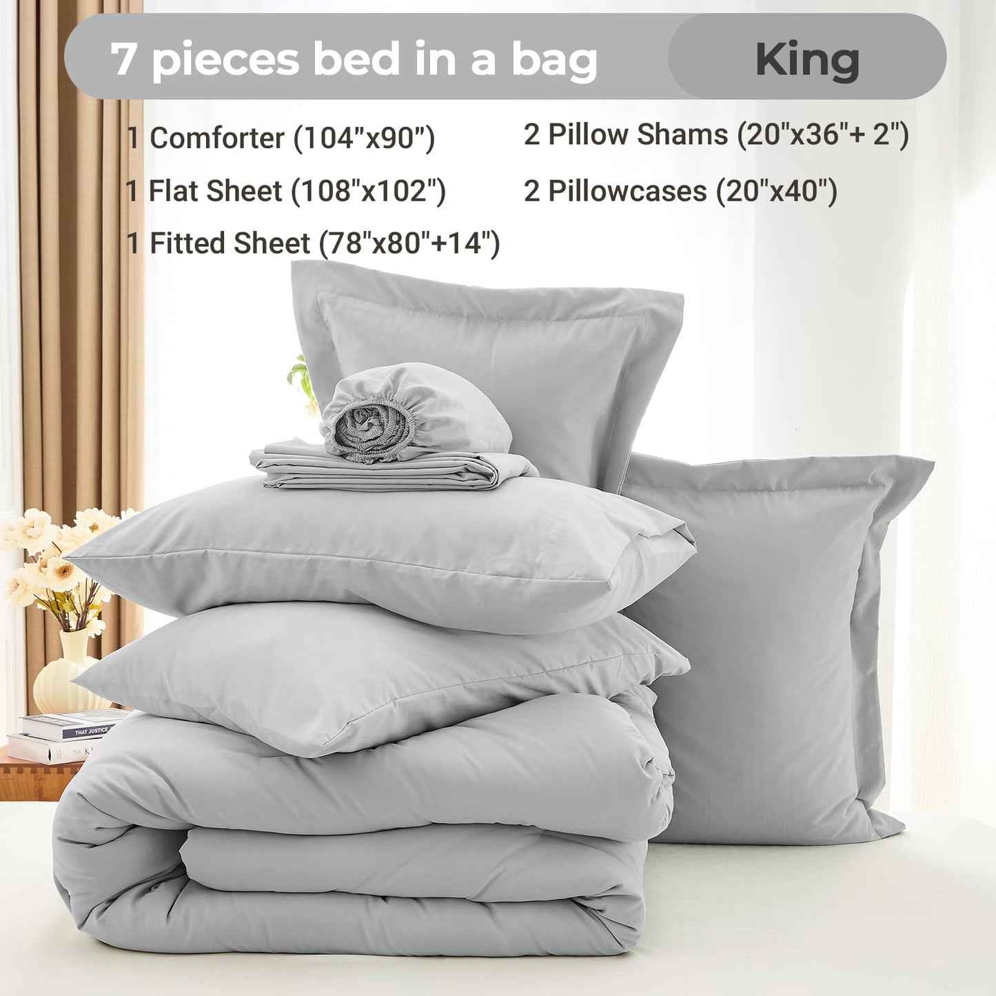 MUXHOMO 7 Pieces King Comforter Set, Soft Bed in a Bag King Size, All Season Bedding Set with Comforter, Flat Sheet, Fitted Sheet, Pillowcases & Shams, Light Grey