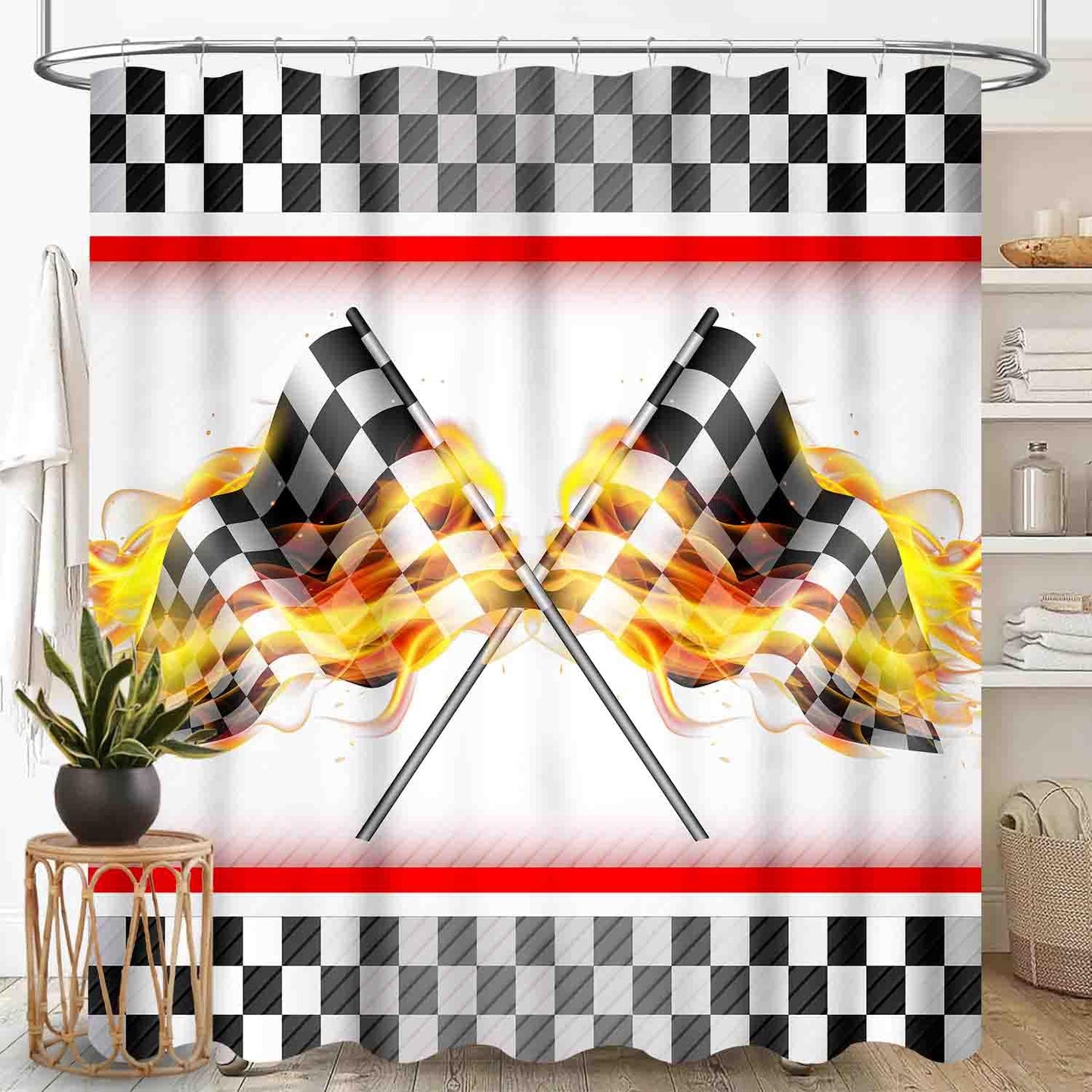 Racing Car Shower Curtain for Bathroom, Race Flag Game Theme Checkered Firing White and Black Flag for Kids Boys Waterproof Fabric Shower Curtain Set with Hooks, 72"x72" Inch