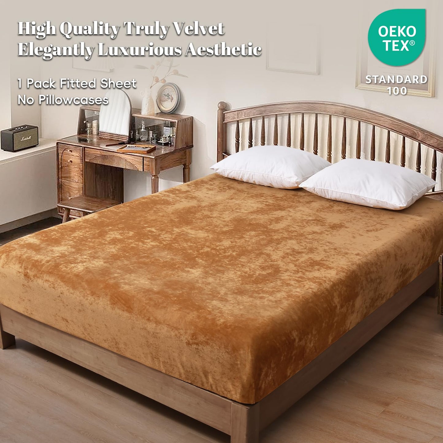 PHF Truly Velvet Fitted Sheet Only Queen Size, Luxury Super Soft Cozy Fuzzy Fleece Bottom Sheet, Deep Pocket Up to 16",Strenghth Elastic Band,Suitable for Fall Winter Spring,No Pillowcases,Brown Sugar