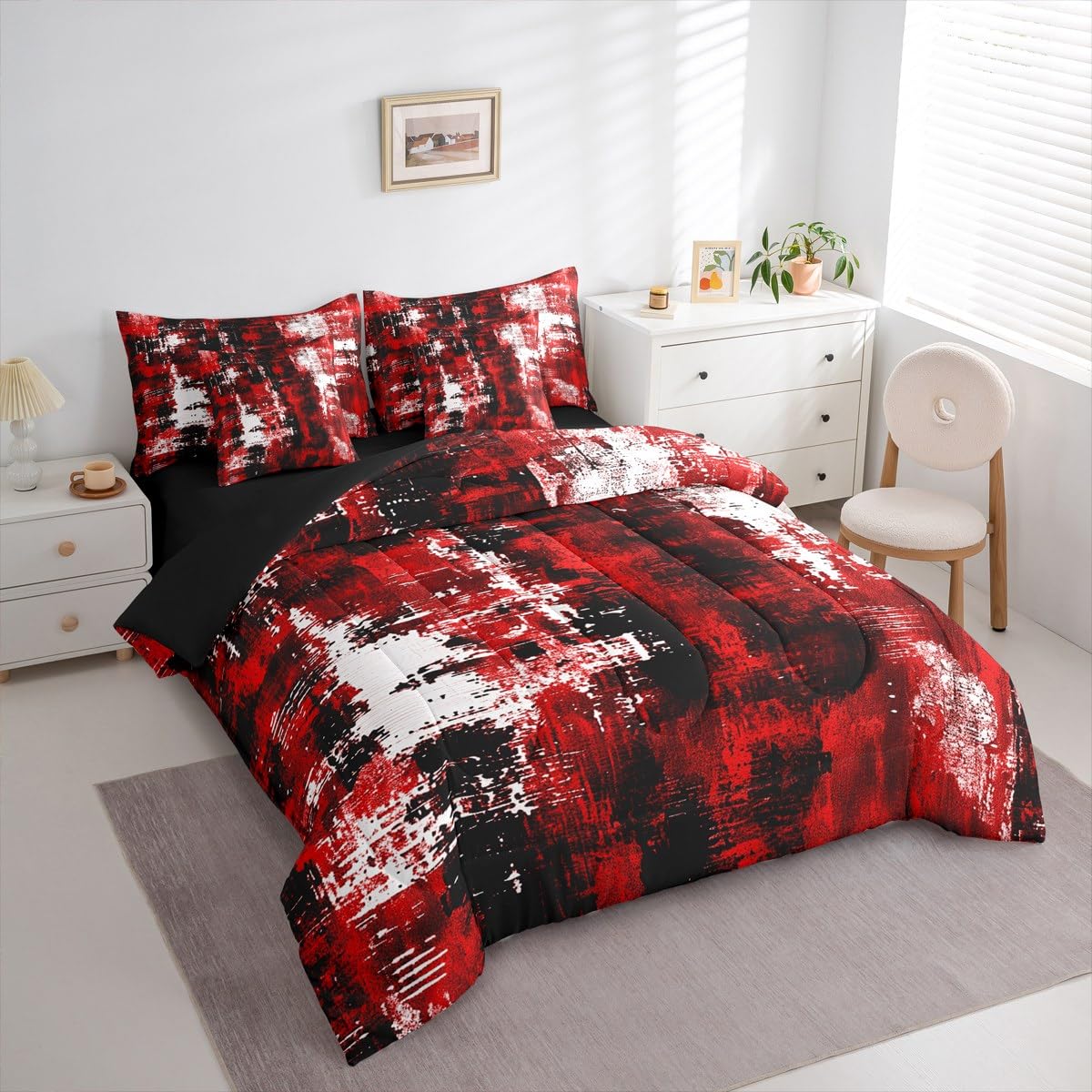 Feelyou Abstract Queen Comforter Set with Sheets for Kids Boys Girls Modern Abstract Art 7 Pieces Bedding Set Black Red Bed in a Bag Luxury Room Decor Geometric Soft Lightweight Microfiber