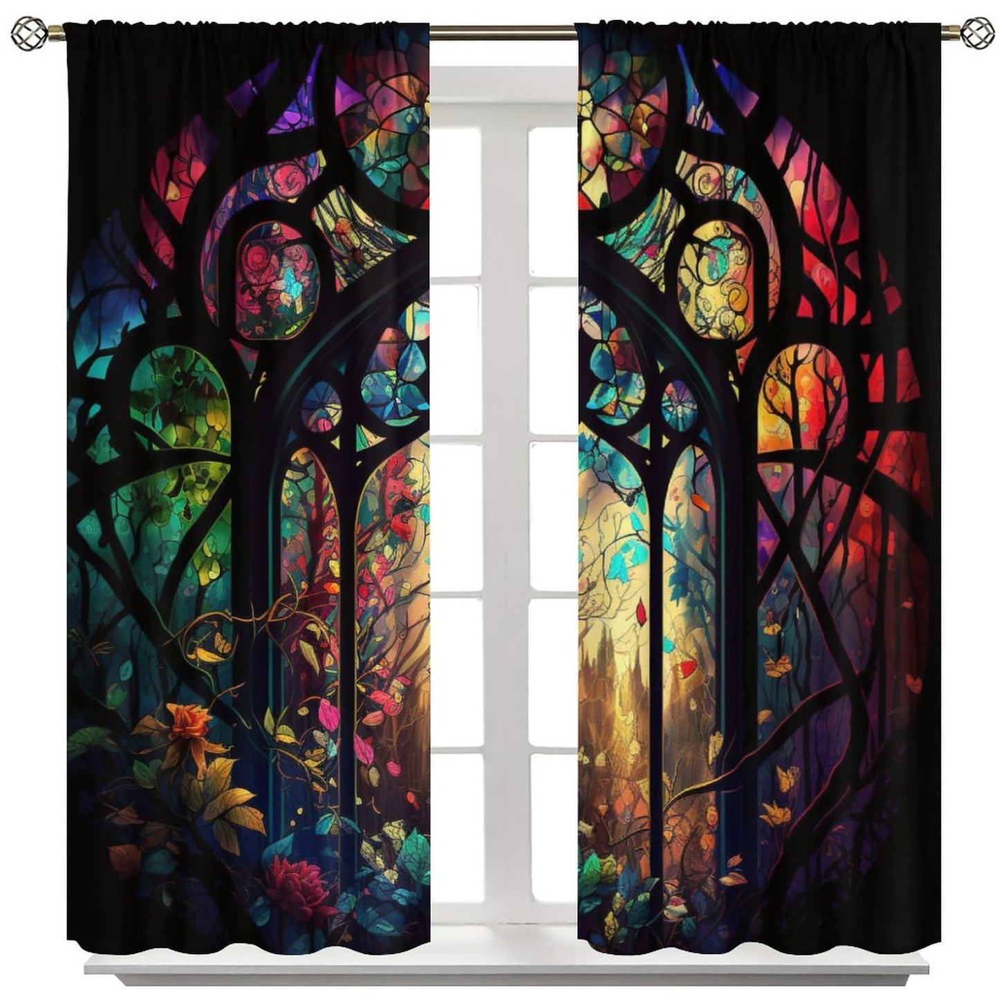 BenYaSong Castle Window Curtain, Arched Door Through Fairy Tale Forest, 2 Panels, 42x45 Inch, Blackout, Rustic Abstract Medieval Gothic