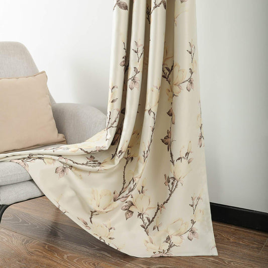 VOGOL Grommet Blackout Curtains for Living Room, Magnolia Flower Printed Thermal Insulated Room Darkening Window Drapes Curtains for Bedroom(52 x 84 Inch,2 Panels)