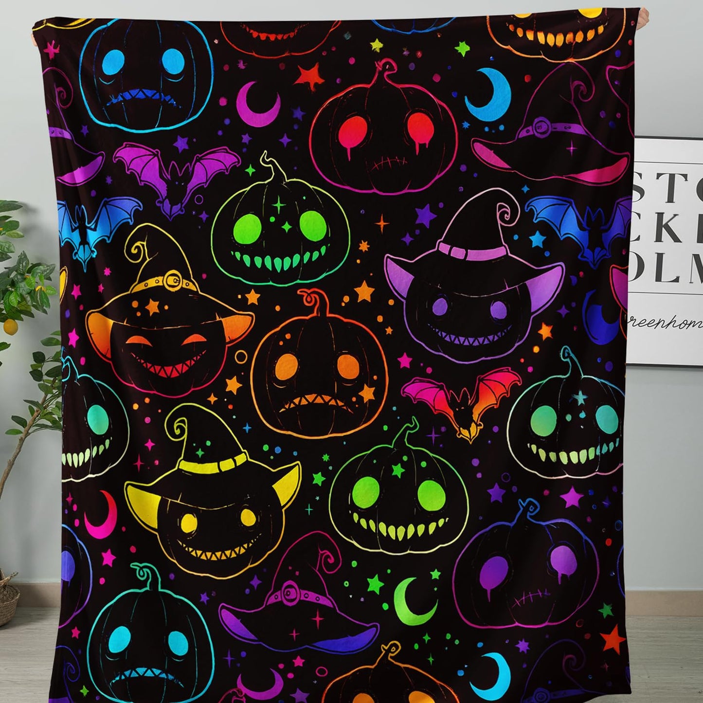 HOSIMA Halloween Blanket,Different Pumpkin Heads Print Warm Cozy Flannel Fleece Blanket for Boys Girls Couch Bedroom Decor,Fun Halloween Pumpkin Decorations,59L*47W.