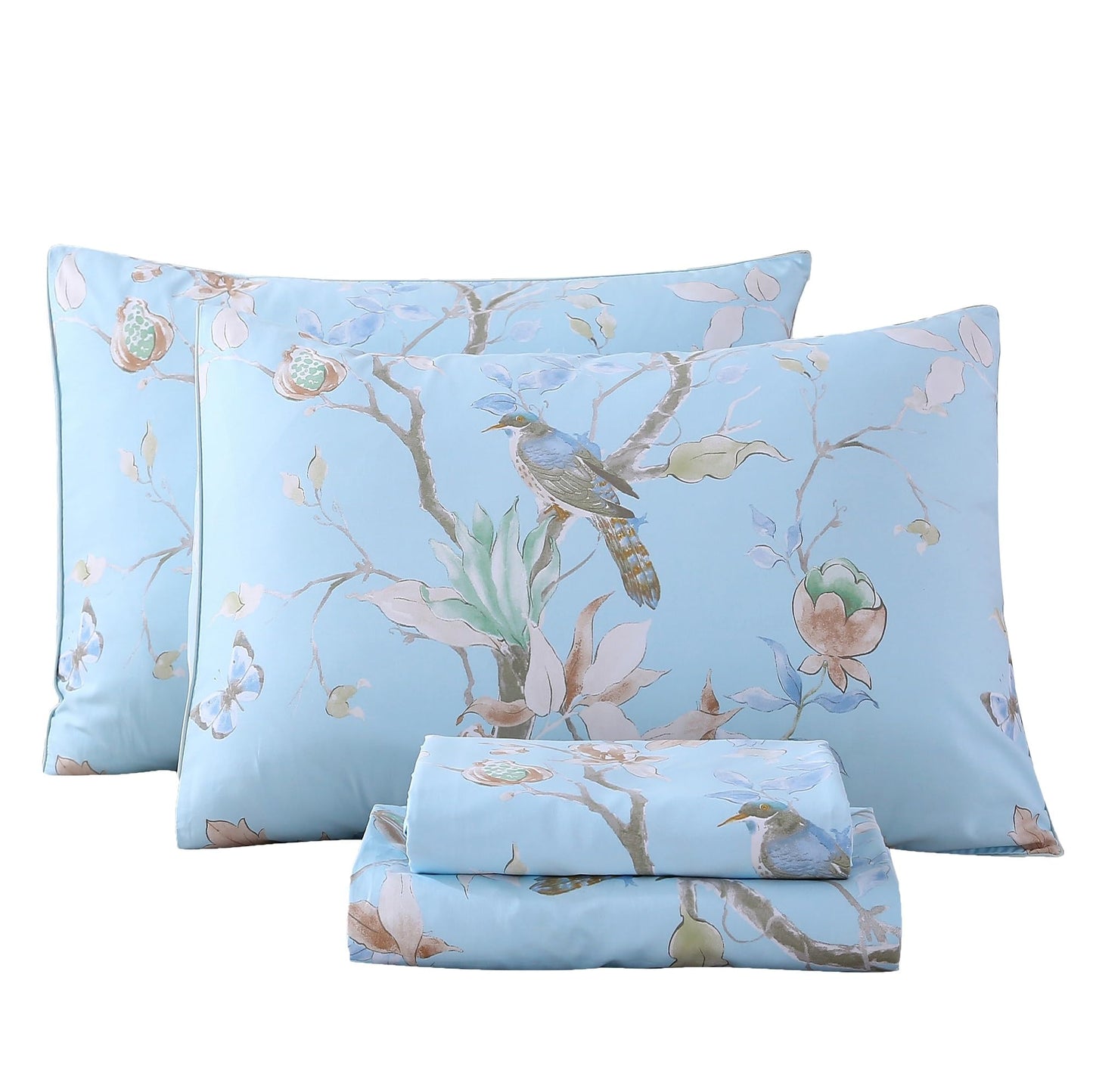 RYNGHIPY Egyptian Cotton Bed Sheet Set Blue Bird Botanical Pattern Bed Sheets Deep Pocket Fitted Sheet Tree Branches Print Bedding Soft Breathable (Light Blue,King Size)