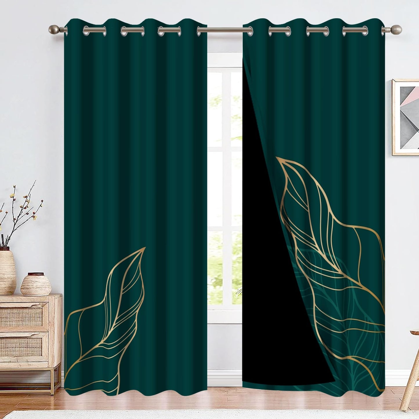 Renaiss Dark Green Blackout Curtains for Bedroom Golden Leaves Line Window Curtain Insulated Thermal Window Drapes for Living Room Decor Darkening Curtains 2 Panels Set, 42x63 Inch