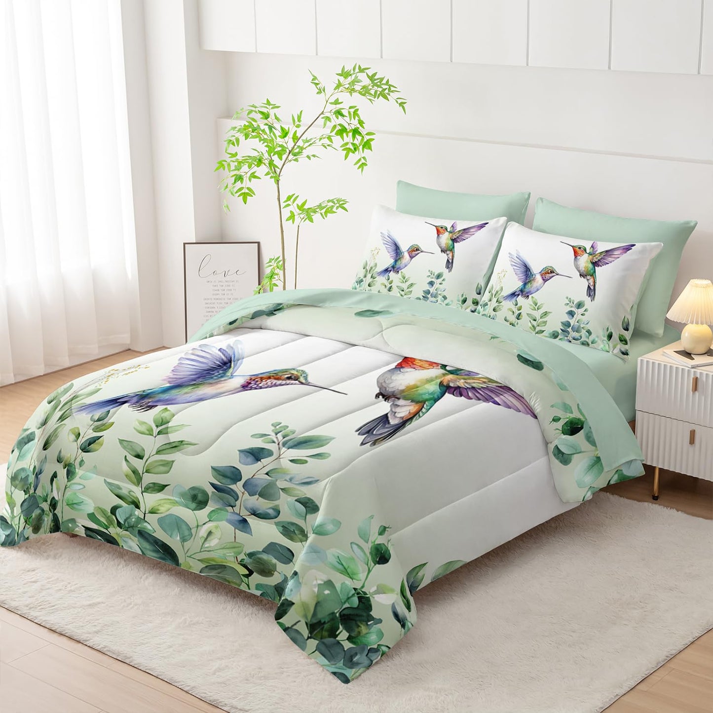 AILONEN Hummingbird Comforter Set,7-Piece Boho Green Forest Leaf Hummingbird Bedding Set Bed in a Bag Twin Size,Cute Birds Animal Comforter & Fitted Sheet & Flat Sheet & 2 Pillowcases,Soft Microfiber