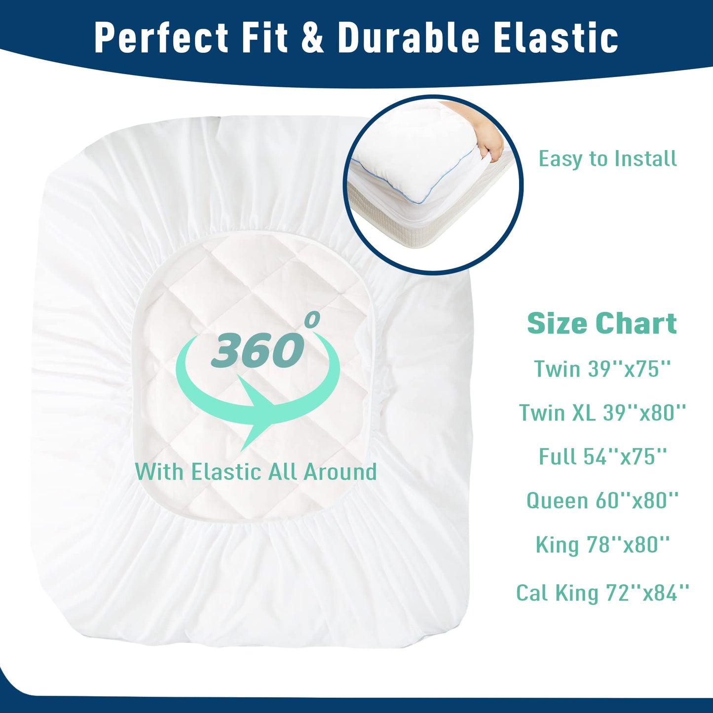 HOMTEC Queen Mattress Pad Cotton Mattress Pad Cover Quilted Mattress Cover 18-22" Deep Pocket Mattress Protector Queen Size White Down Alternative Filling Noiseless & Breathable