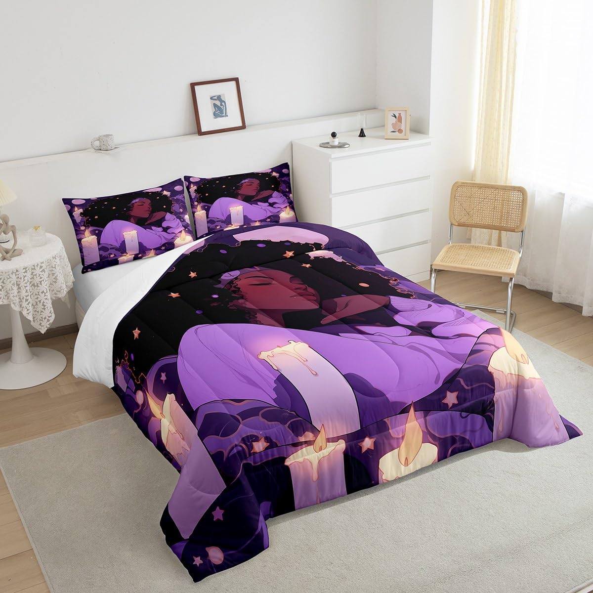 Castle Fairy Cute Black Girls Comforter Set Full Size,African Style Americans Quilt Set Girls Boys Women Teens Room Decor,Dreamy Stars Moon Night Bedding Set Cartoon Purple Duvet Insert,2 Pillowcases
