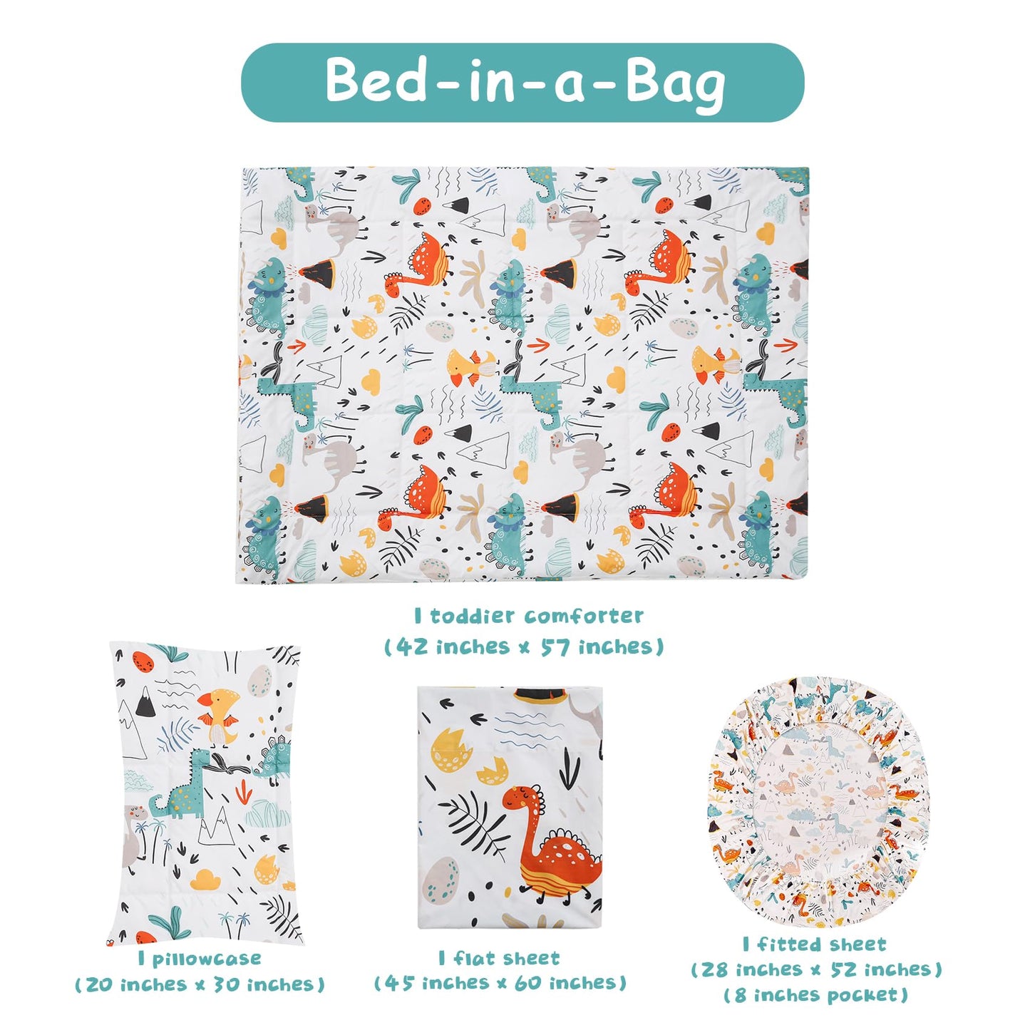 JSD Dinosaur Toddler Bedding Set, 4 Piece Bed-in-a-Bag Toddler Comforter Sheet Set, All Season Machine Washable