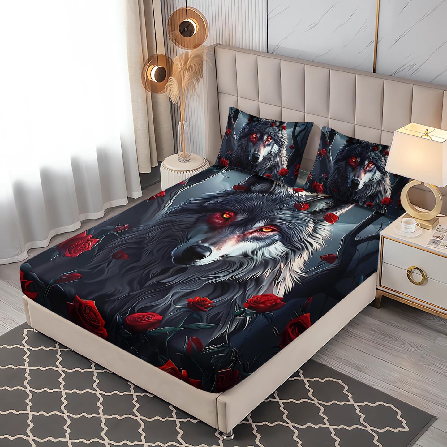 UEVBF Wolf Bedding Fitted Sheet Sets Twin Size,Moon Night Forest Floral Printed Bedding Set for Kids Girls Boys Room Decor,Western Animal Themed Bedding Sets,1 Fitted Sheet+2 Pillowcases.