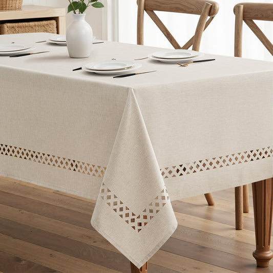 MIULEE Beige Rectangle Linen Polyester Tablecloth with Decorative Cutouts Spring Waterproof Stain Resistant & Shrink-Proof Table Cloth 52x70 inch Farmhouse Style for Dining Wedding and Outdoor