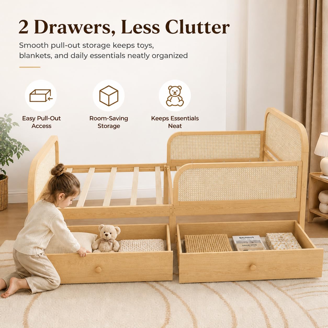 Duxelifin Full Kids Bed Frame with Storage Drawers,Rattan Wood Platform Bed with Headboard & Footboard, Low Profile Boho Daybed, No Box Spring Needed, Full Size Bed Frame for Boys Girls，Natural