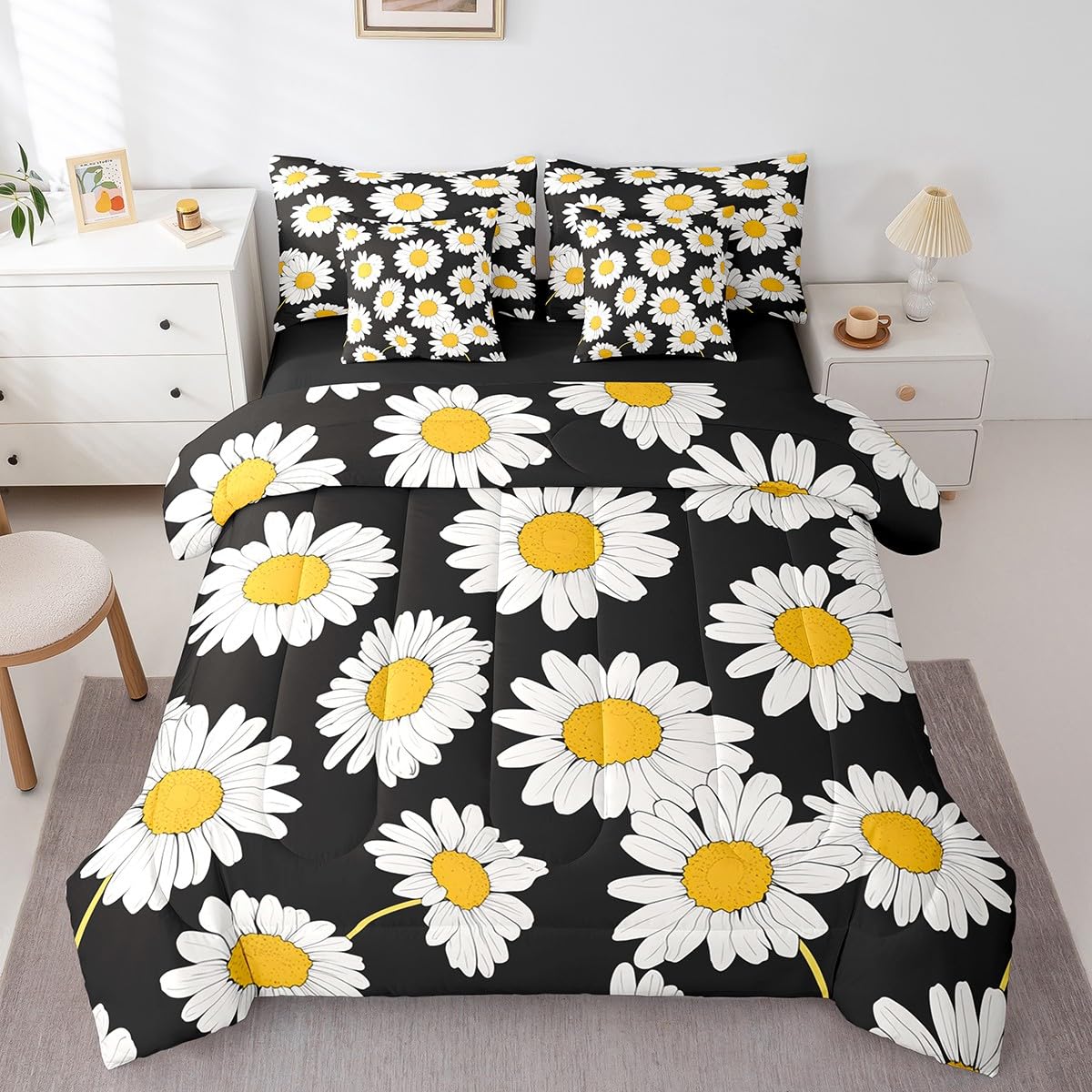 Erosebridal Daisy Floral Comforter Set 7 Piece Bed in a Bag Twin,Fashion Flowers Bedding Sets Abstract Blossom Theme Comforter and Sheet Set,Rustic Aesthetic Plant Bed Set