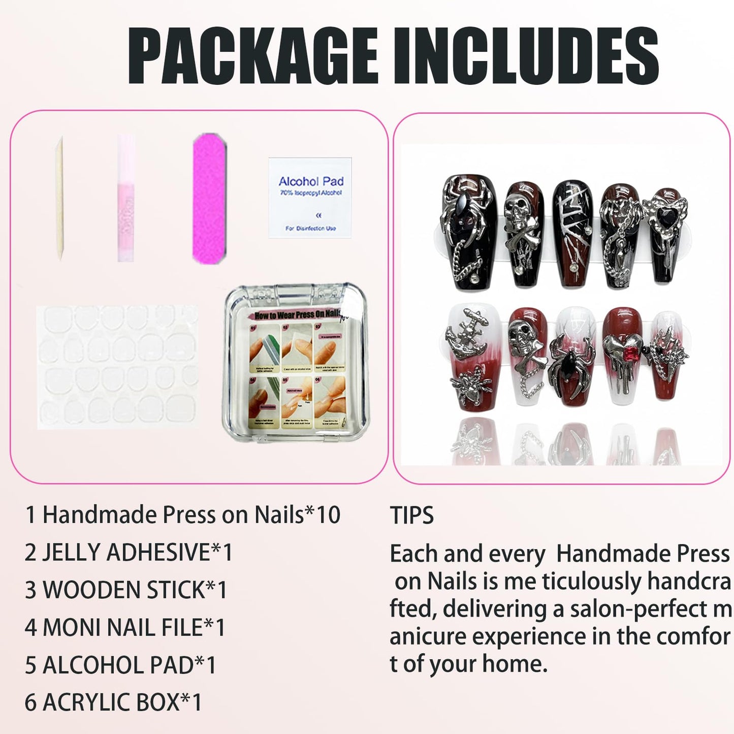 Handmade Skeleton Press On Nails long Coffin Reusable Stick On Fake Nails Luxury Elegant Sexy Style For Women Gift With Nail Glue Red Black M
