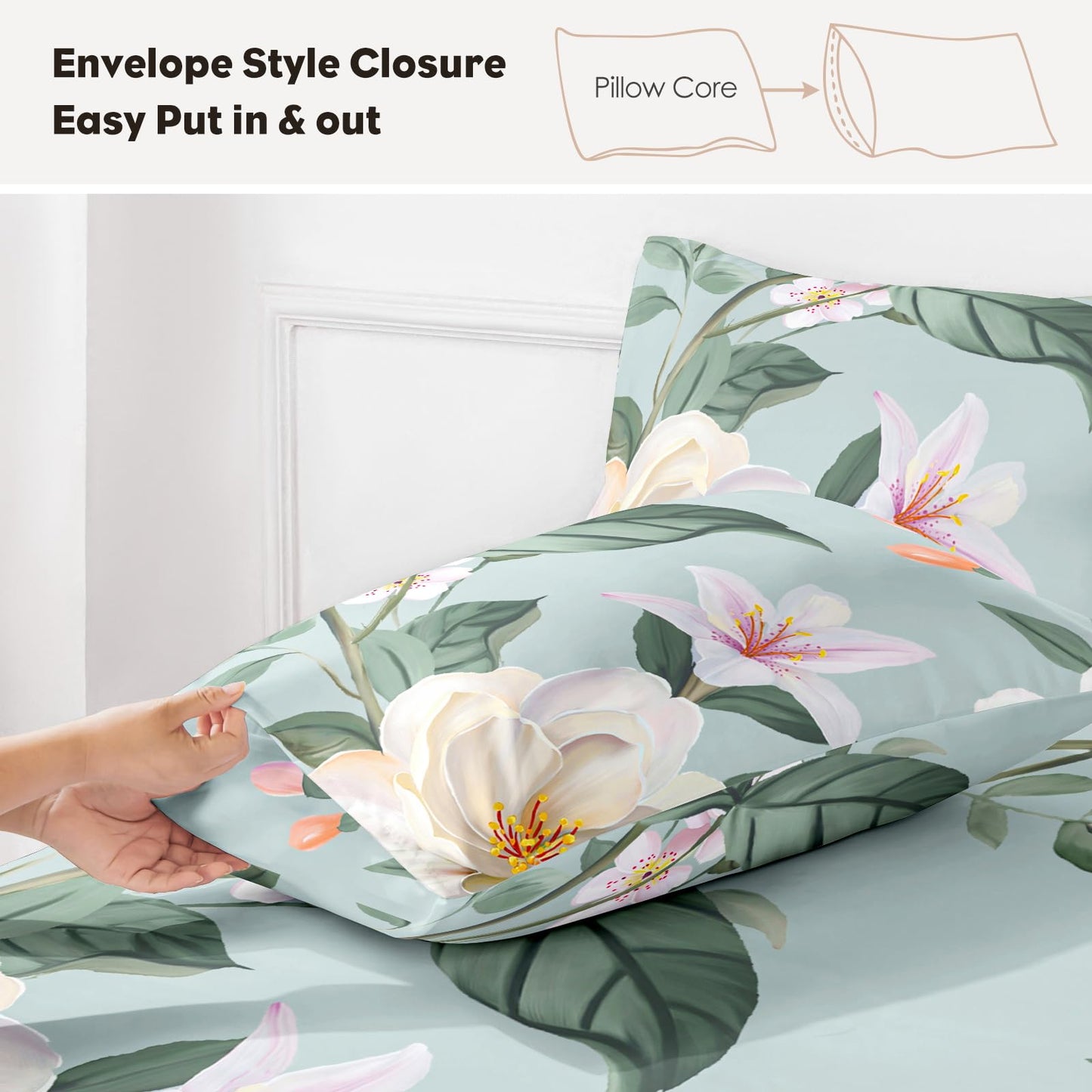 HCORA Floral King Size Sheets Set, Luxury 1800TC Hotel Quality Double Brushed Microfiber Deep Pocket Bed Sheets, Ultra Soft, Breathable and Cooling, 4PC, King