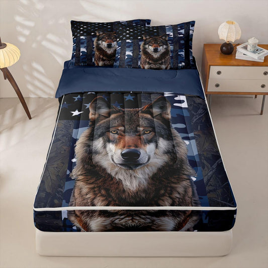 jejeloiu Wolf Hunting Camo Twin Zipper Bedding Set Rustic Western Wolf Kids Comforter Set with Fitted Sheet and 2 Pillowcases American Flag Bed in a Bag Zip Up Bedding Soft Microfiber