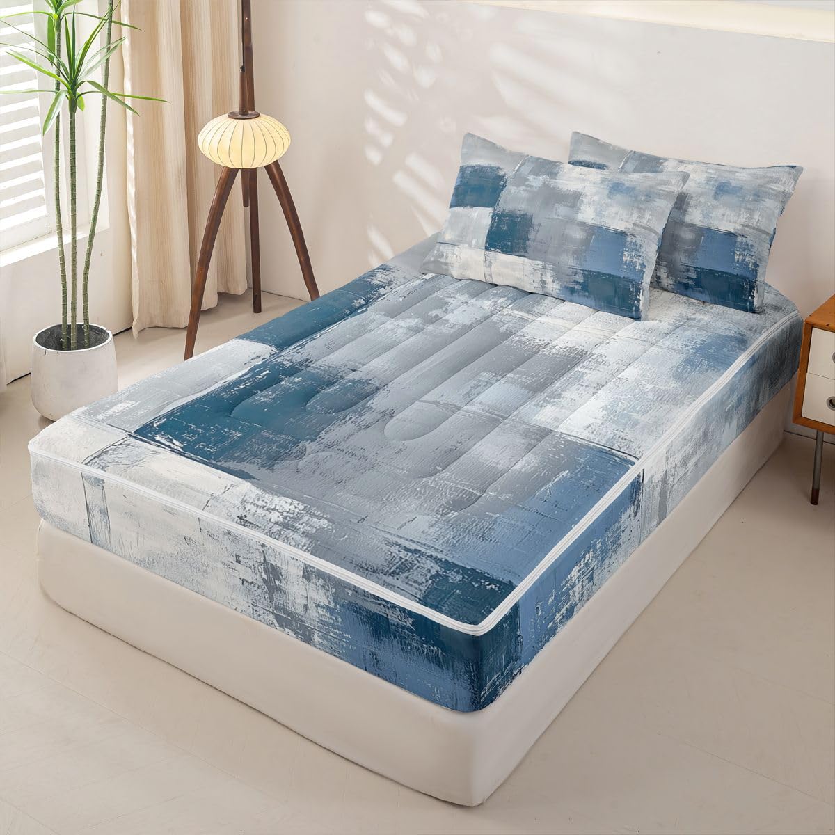 jejeloiu Blue Grey Abstract Comforter Set Twin Size Zipper Bedding Set for Girls Boys Modern Art Comforter with Fitted Sheet, Pillowcases Luxury Zipper Bedding Soft Breathable Bed in a Bag