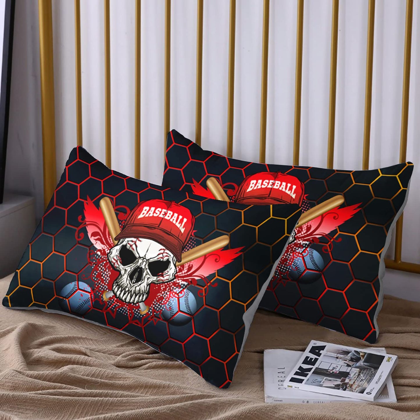HOSIMA Black Baseball Bedding Set,Boys Sports Cool 3D Print Designs Gothic Skull Fitted Sheet, Sports Bedspread Bedroom Collection 3Pcs with 2 Pillowcases,Cool Baseball Twin Sheets for Girls Boys.