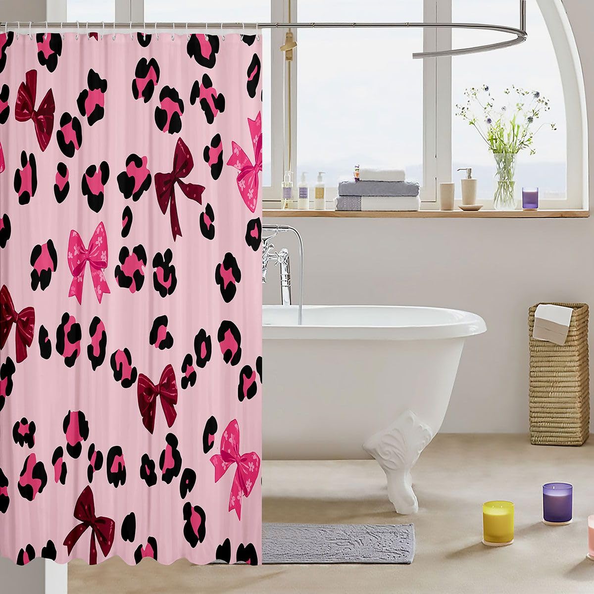 jejeloiu Dark Pink Bow Shower Curtain for Bathroom Decor Cute Bowknot Bath Curtain Leopard Cheetah Print Bathroom Accessories Waterproof Polyester Fabric for Stalls Bathtubs 72"x72"