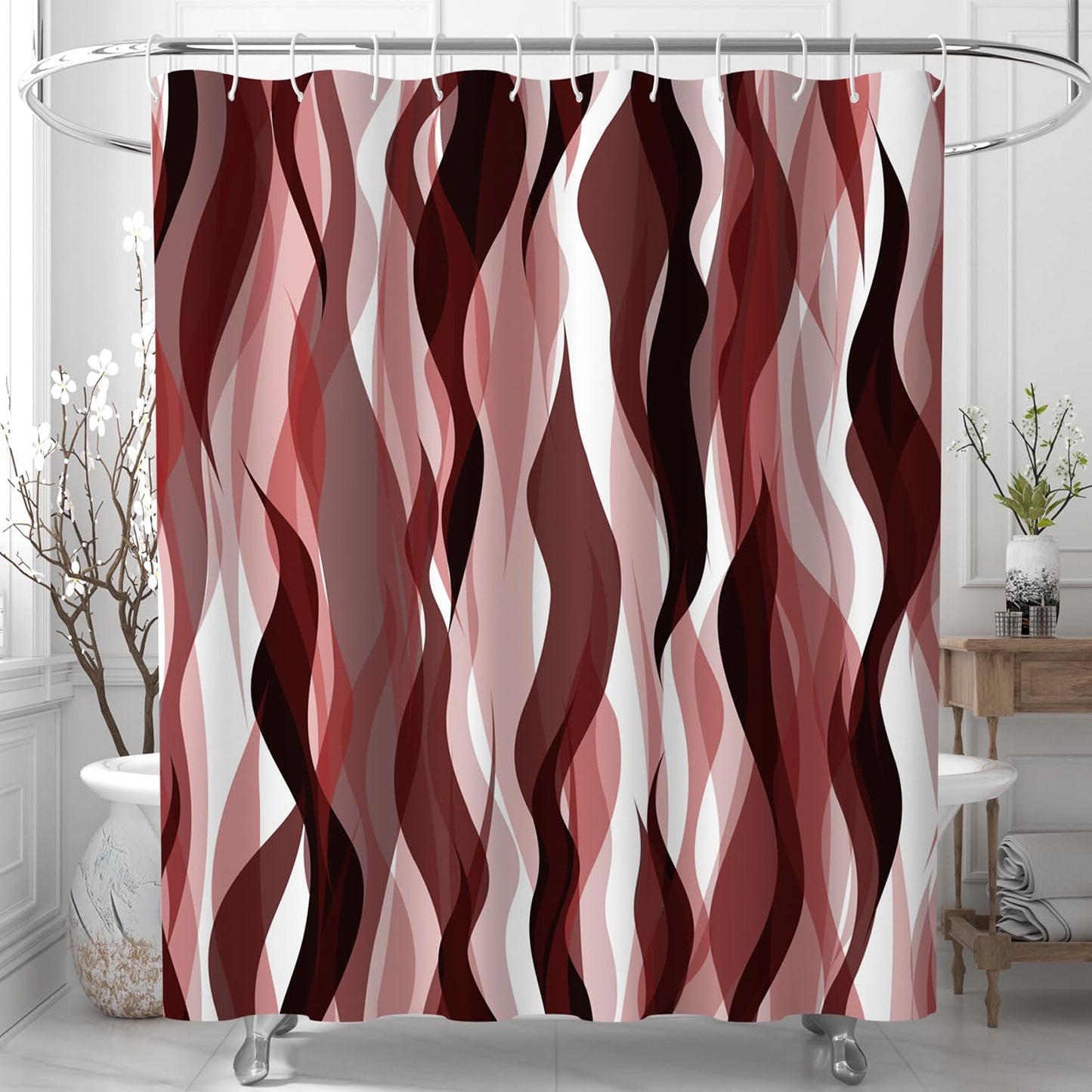 ChloropLastid Red Wavy Line Shower Curtain Red Black White Modern Geometric Abstract Striped Aesthetic Boho Bath Curtains Waterproof Fabric Bathroom Decoration with Hooks 72x72 inch
