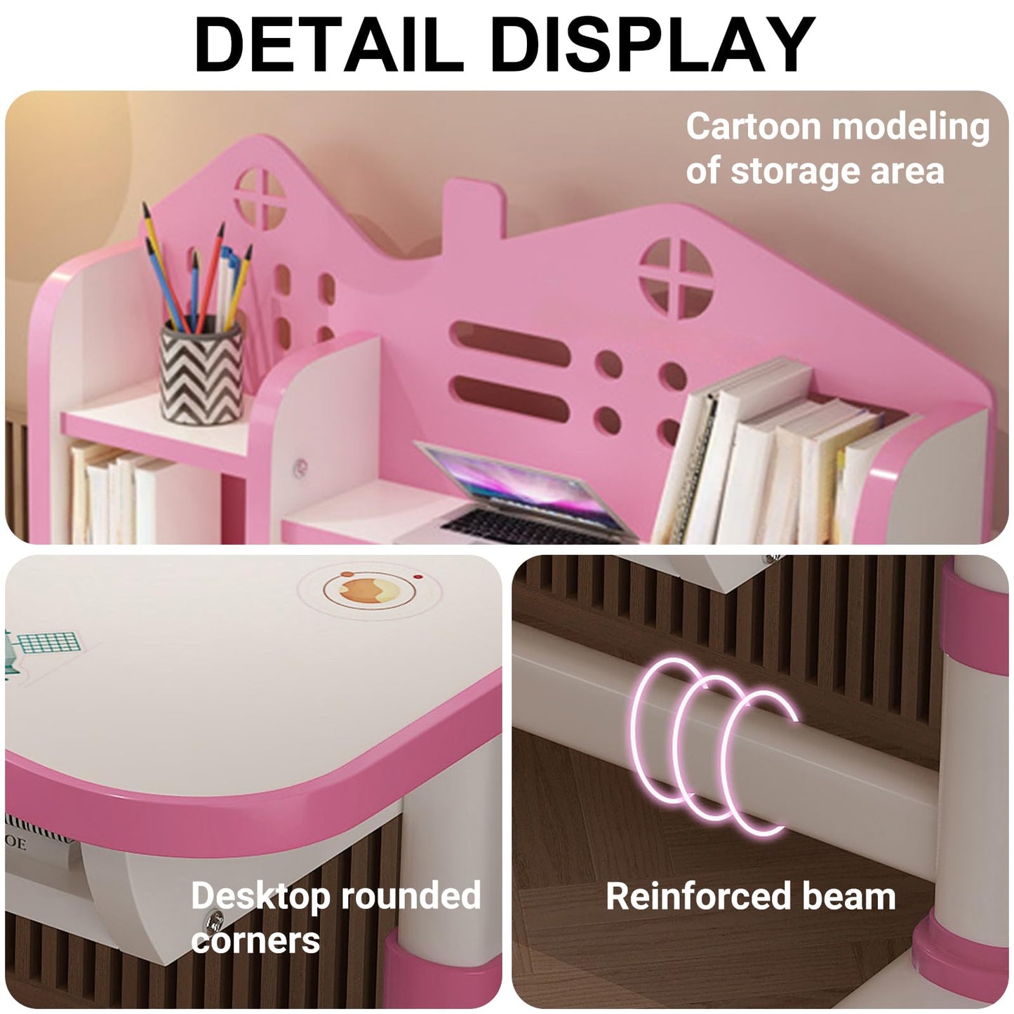 ZTGD Kids Adjustable Study Desk & Chair Set w/Storage,Drawers,Bookshelf,Child Toddler Writing Homework Table,Little Girl Work Computer Desk,Princess Preschool Table (Pink B)