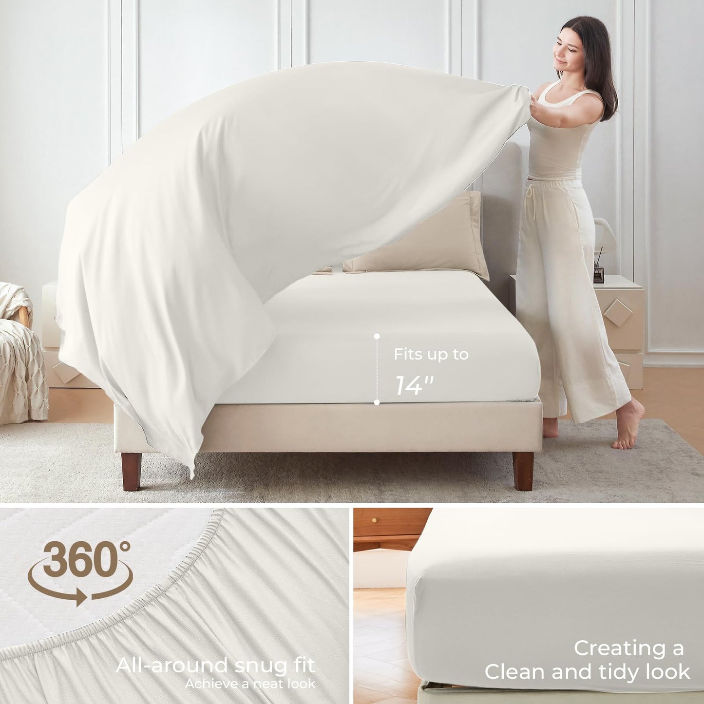 Sasttie Queen Comforter Set, 7 Pieces Reversible Bed in a Bag Queen, Complete Bedding Set Includes Comforter, Flat Sheet, Fitted Sheet, Pillowcases and Pillow Shams, Beige & Ivory