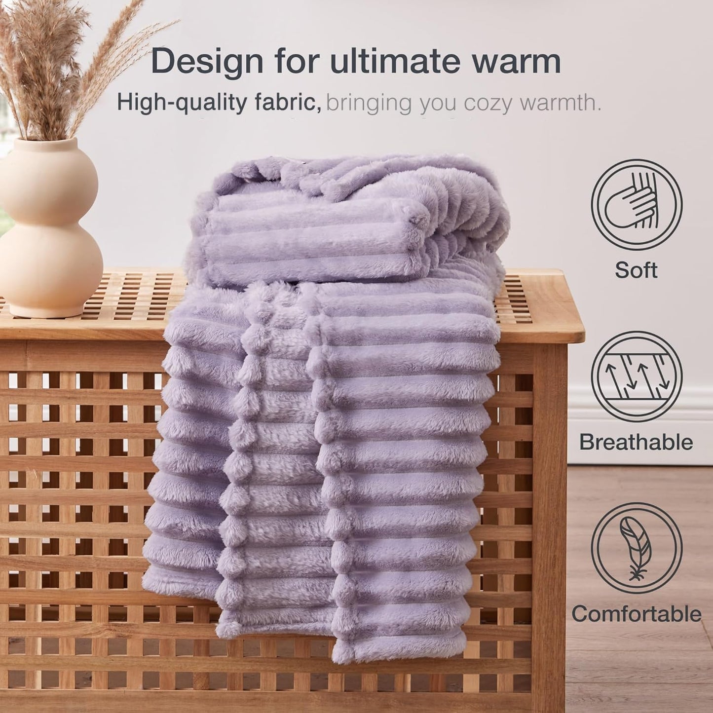 EXQ Home Fleece Throw Blanket for Couch or Bed - 3D Stripe Jacquard Decorative Blankets - Cozy Soft Lightweight Fuzzy Flannel Blanket Suitable for All Seasons(50"×60",Light Purple)