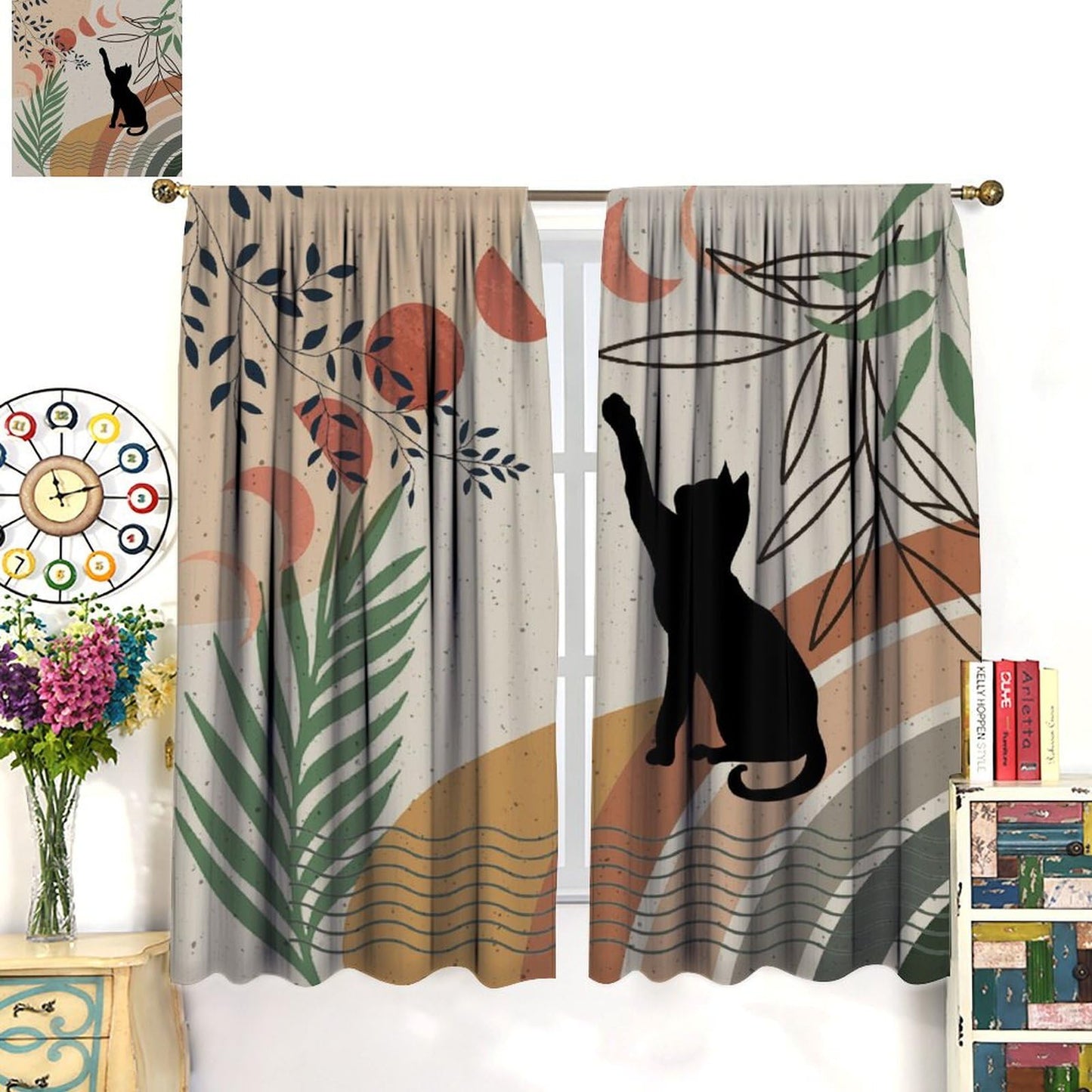 Fblifil Mid Century Moon Cat Curtain Retro Black Cat Leaves Sun Moon Leaves Boho Abstract Geometric Arch 70s Window Drapes for Bedroom Living Room Decor 42" W X 45" L