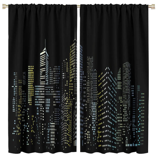 New York Window Curtains,Abstract Modern City Silhouette Black Background Room Darkening Door Window Rod Pocket Curtain for Living Room Bedroom Kitchen Decor W42xL45in