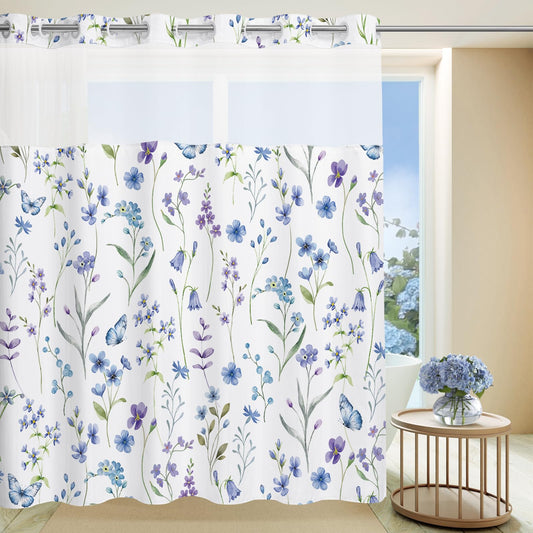 MEHOFOND No Hook Spring Floral Shower Curtain,Hookless Watercolor Floral Shower Curtain,Modern Minimalist Blue Purple Butterfly Flower Bathroom Decor Curtain with Snap in Liner, 71X74in
