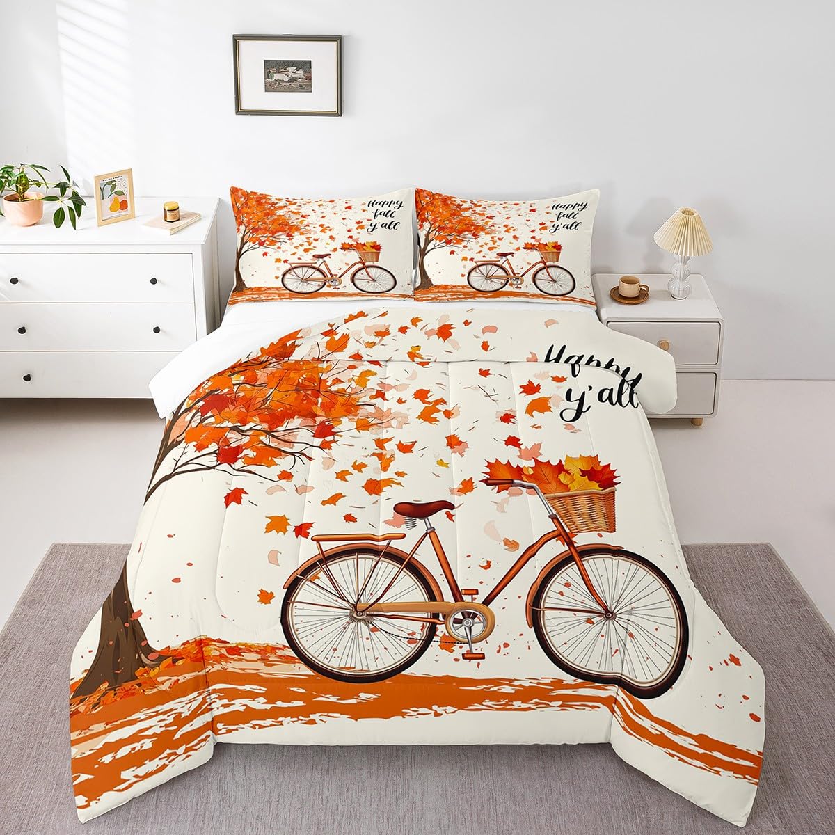 Fall Style Maple Leaves Comforter Set Queen Size, Rustic Farmhouse Bike Quilt Set for Home Room Decor,Thanksgiving Gifts Bedding Retro Nature Plants Duvet Insert, 2 Pillowcases