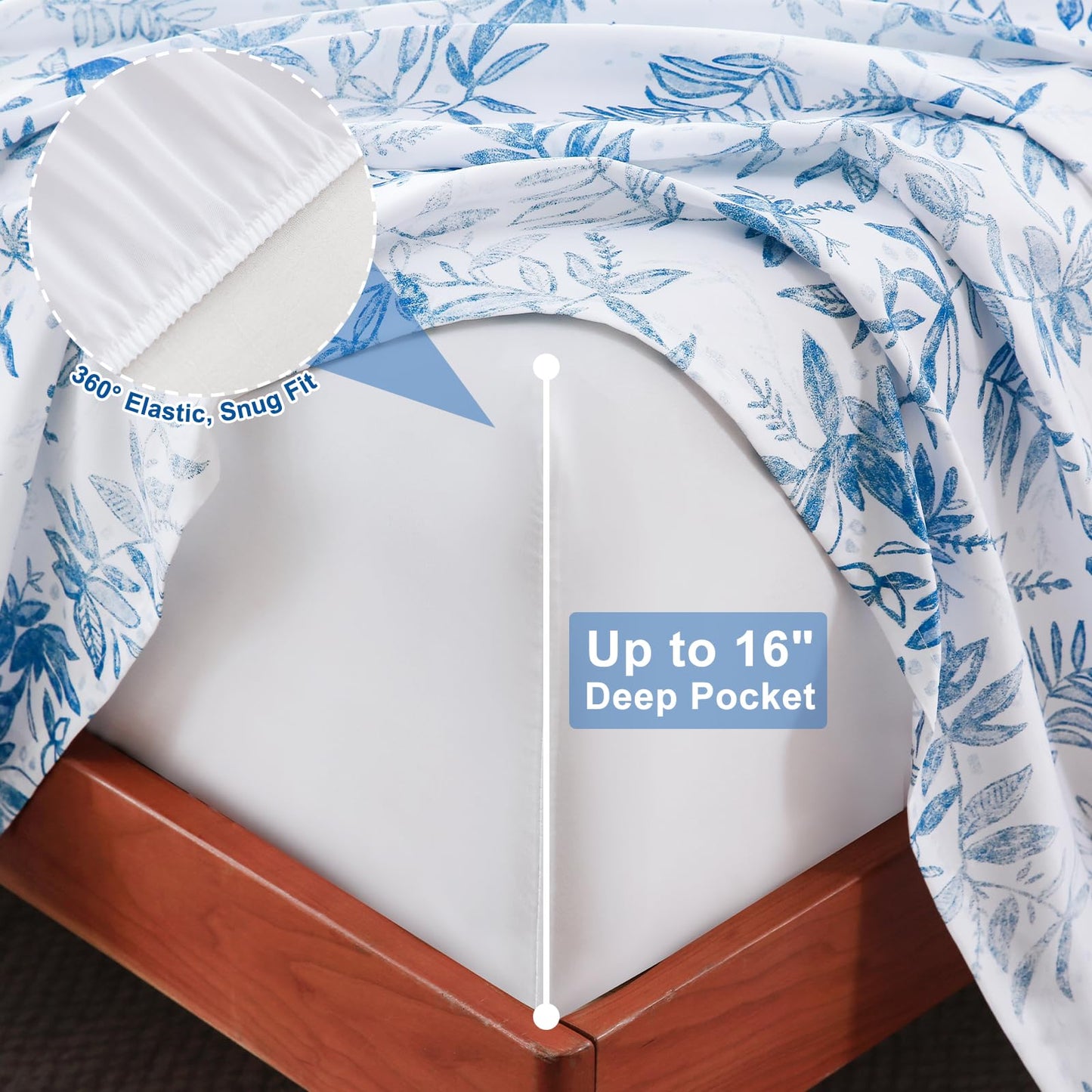 Swiftify Botanical Full Size Sheets Set 6-Piece, Boho Floral Brushed Microfiber Sheets, Cooling Bed Sheet Set, Soft & Breathable, 16' Deep Pocket Fitted Sheet & Pillowcase Set, Blue Fern Whisper
